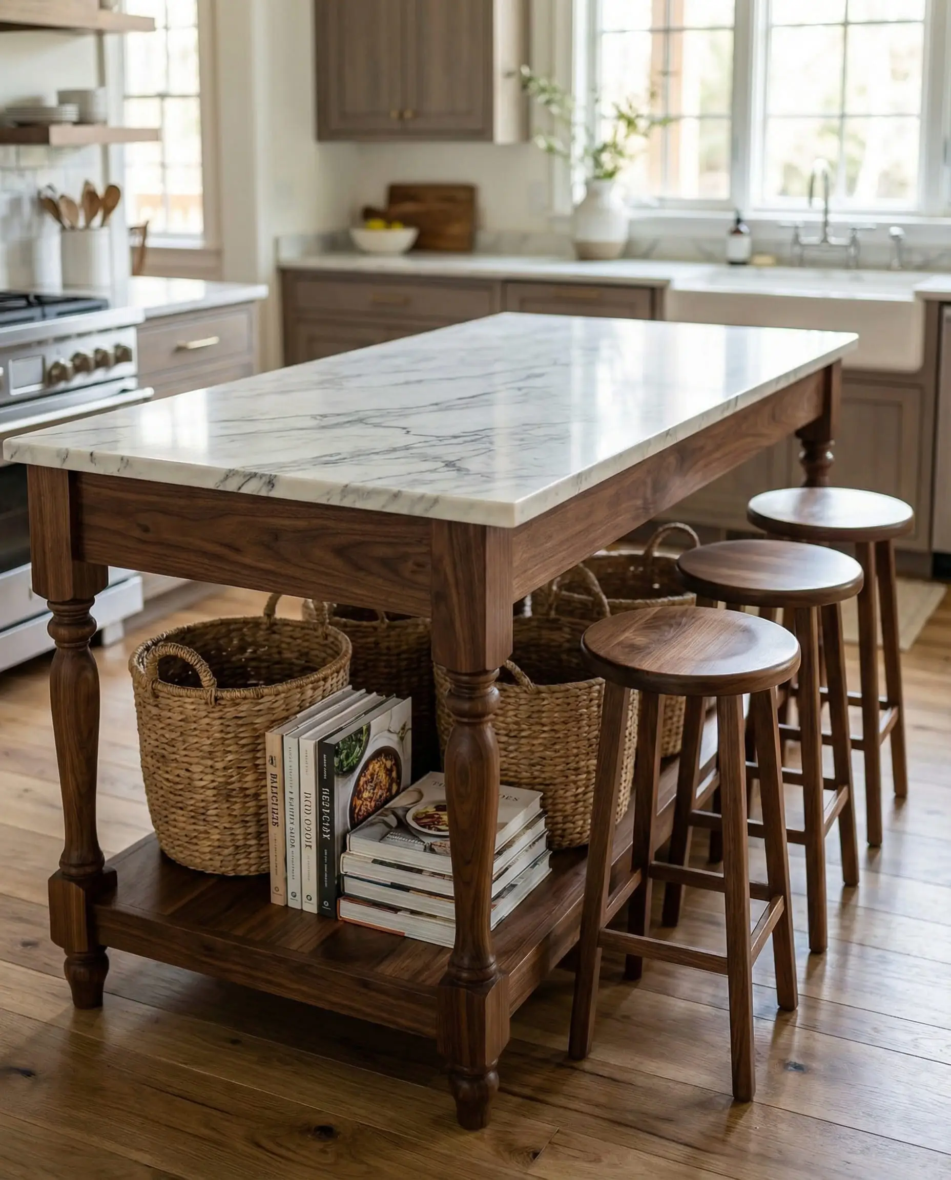 Custom walnut kitchen island designed with turned legs to look like furniture.