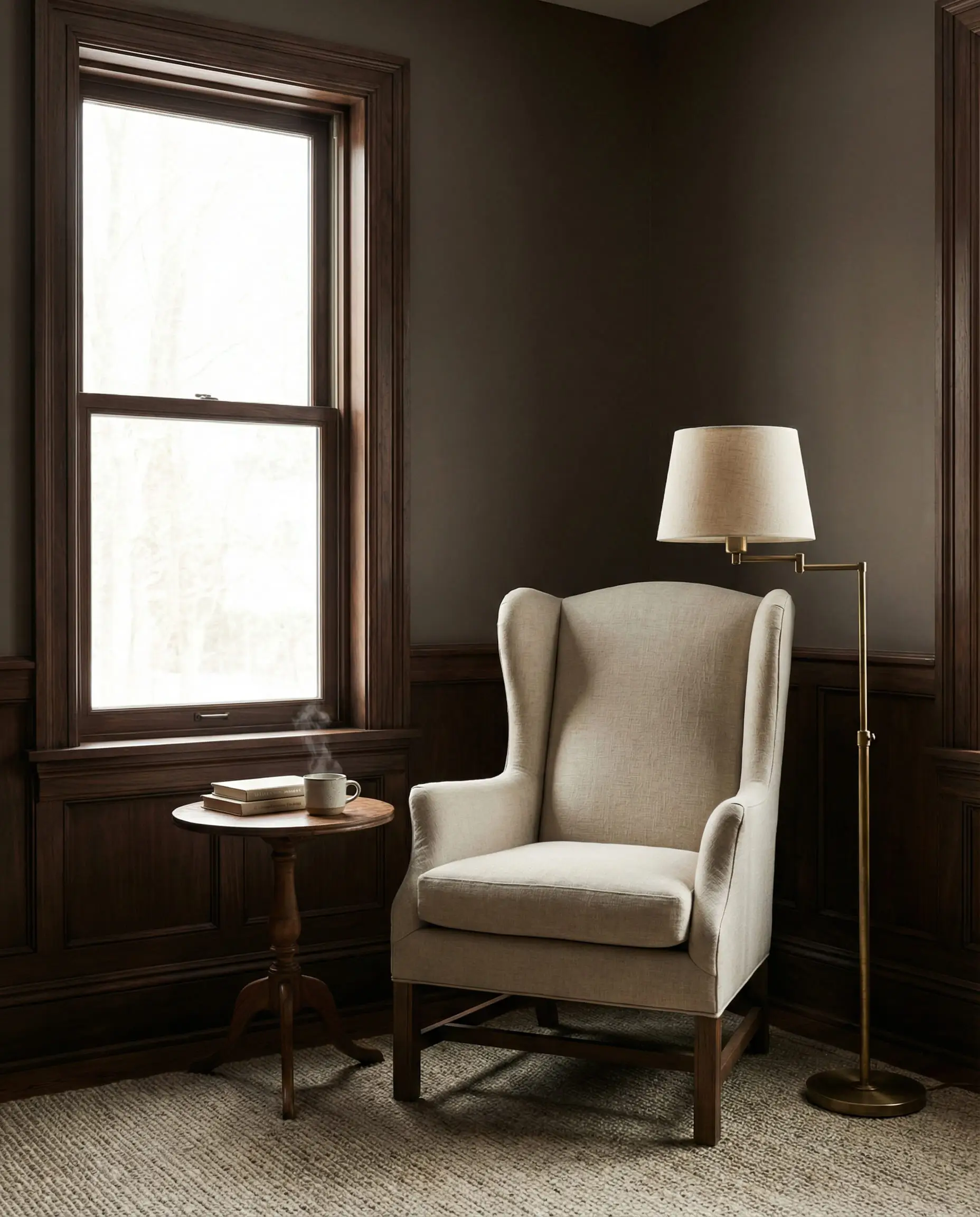Cozy reading corner with walls painted in warm taupe contrasting with dark walnut window trim and a linen wingback chair.