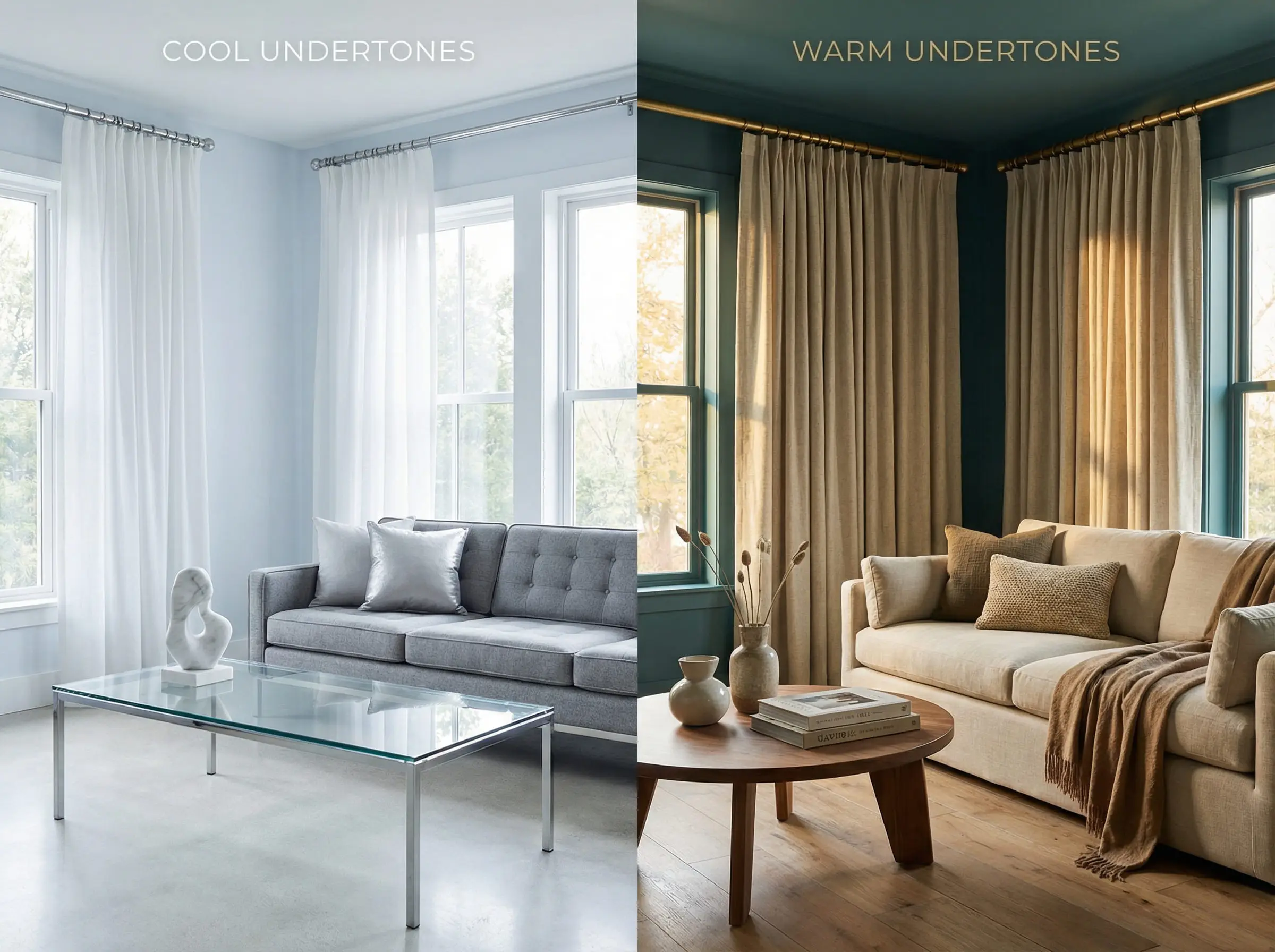 Comparison of cool glacier blue walls with white curtains versus warm teal walls with cream curtains.