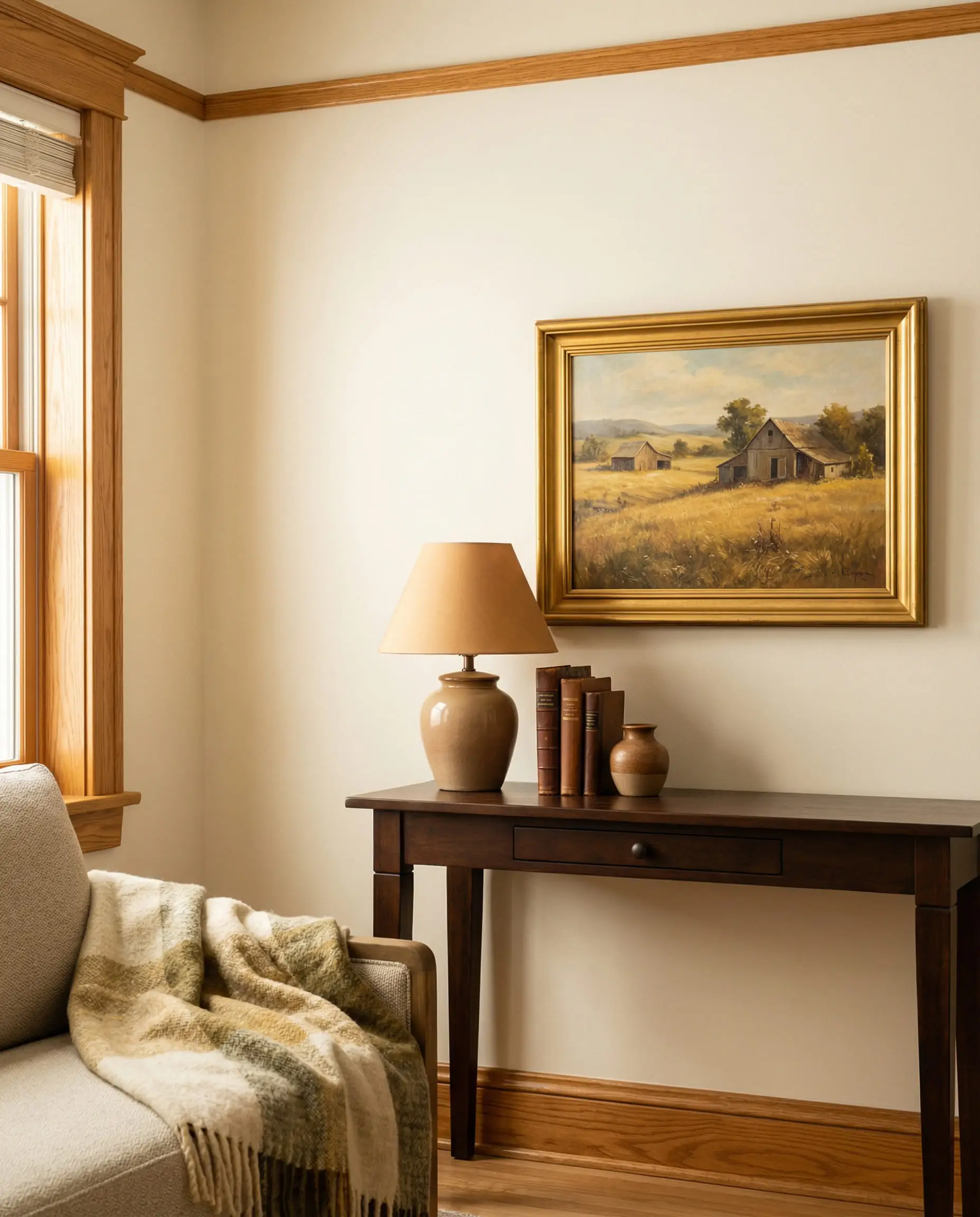 Example of interior design success showing warm white paint harmonizing with honey oak trim.