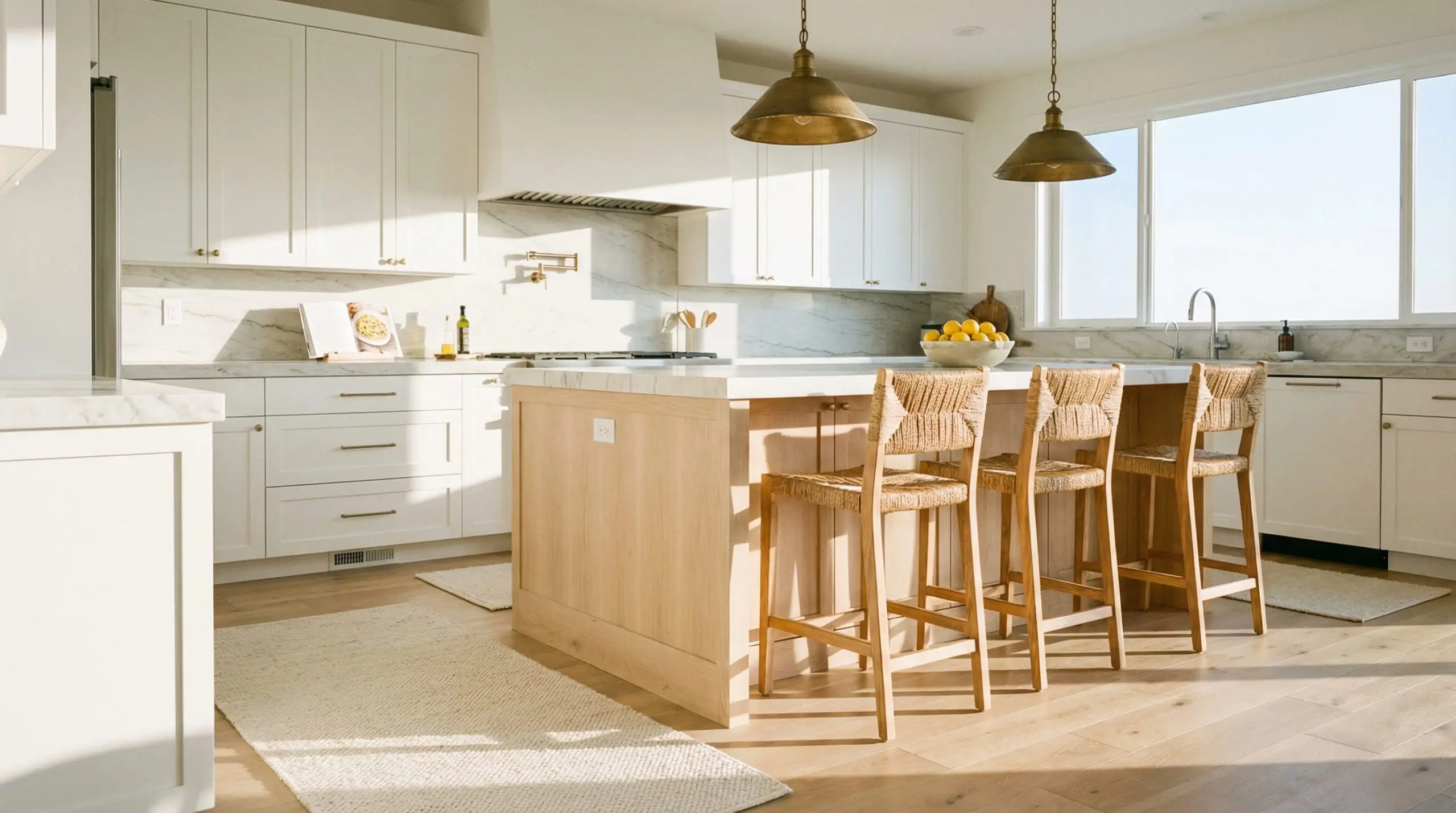 A casual cream cotton flatweave runner sits on white oak floors next to a large central island in a modern kitchen.