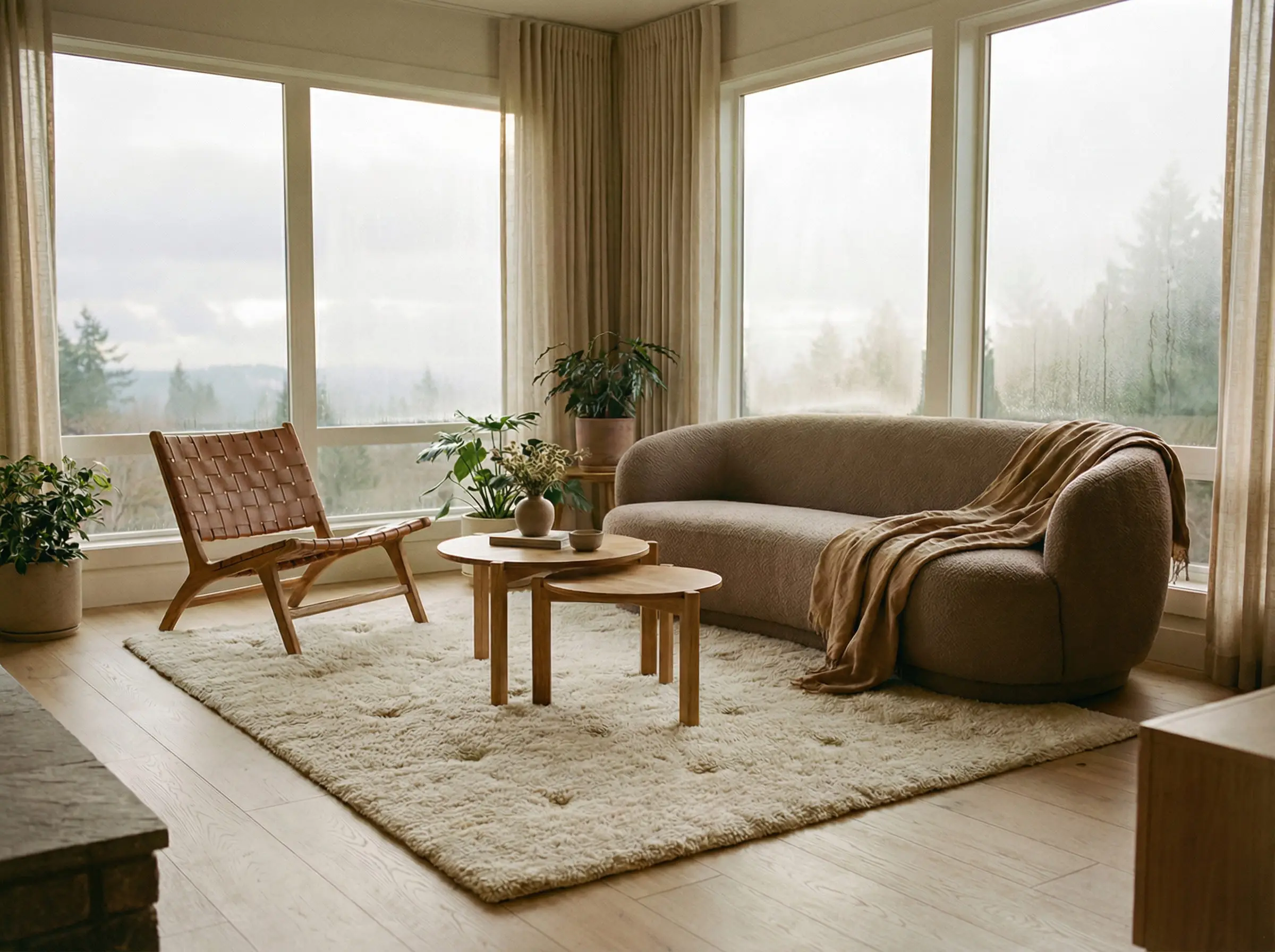 A warm taupe boucle sofa sits on a tufted cream washable neutral rug in a bright, modern organic living room.