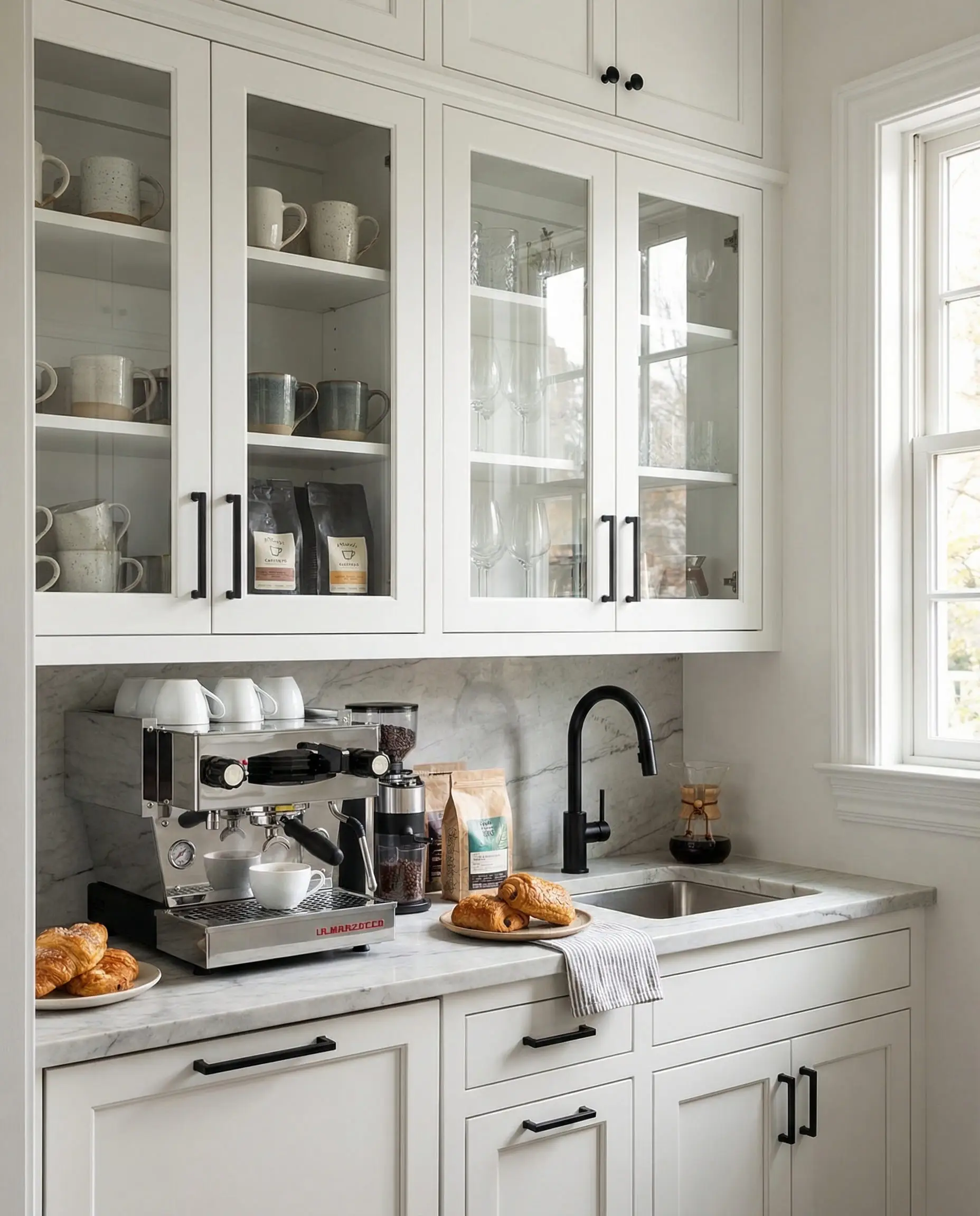 Detail of a built-in white coffee station with glass uppers, black pulls, and an espresso machine.