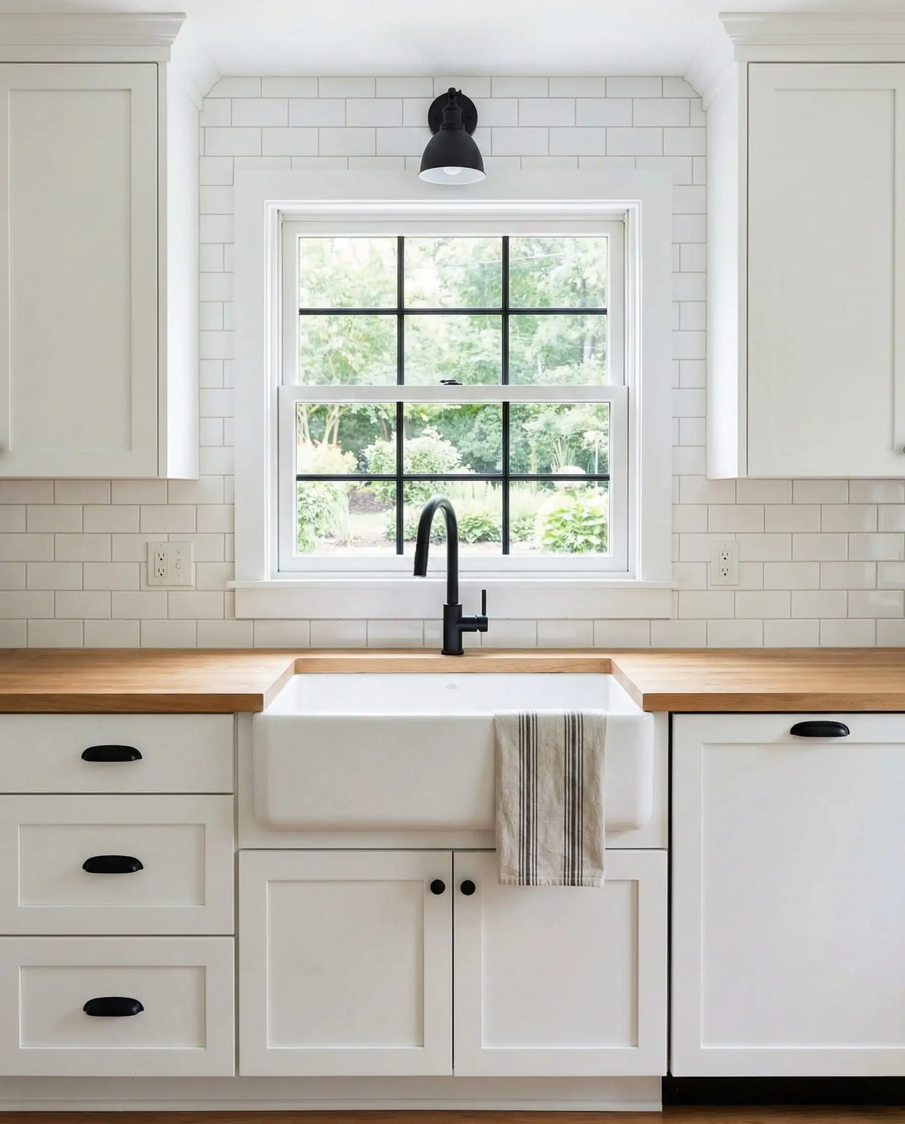 White fireclay apron front sink centered under a window, paired with a matte black faucet and matching black wall sconce.