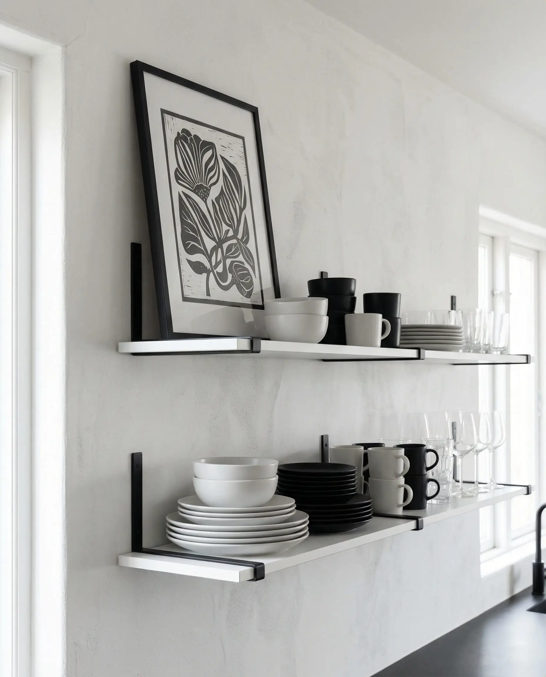 Detail of white floating shelves with thin black metal brackets holding monochrome dishes.