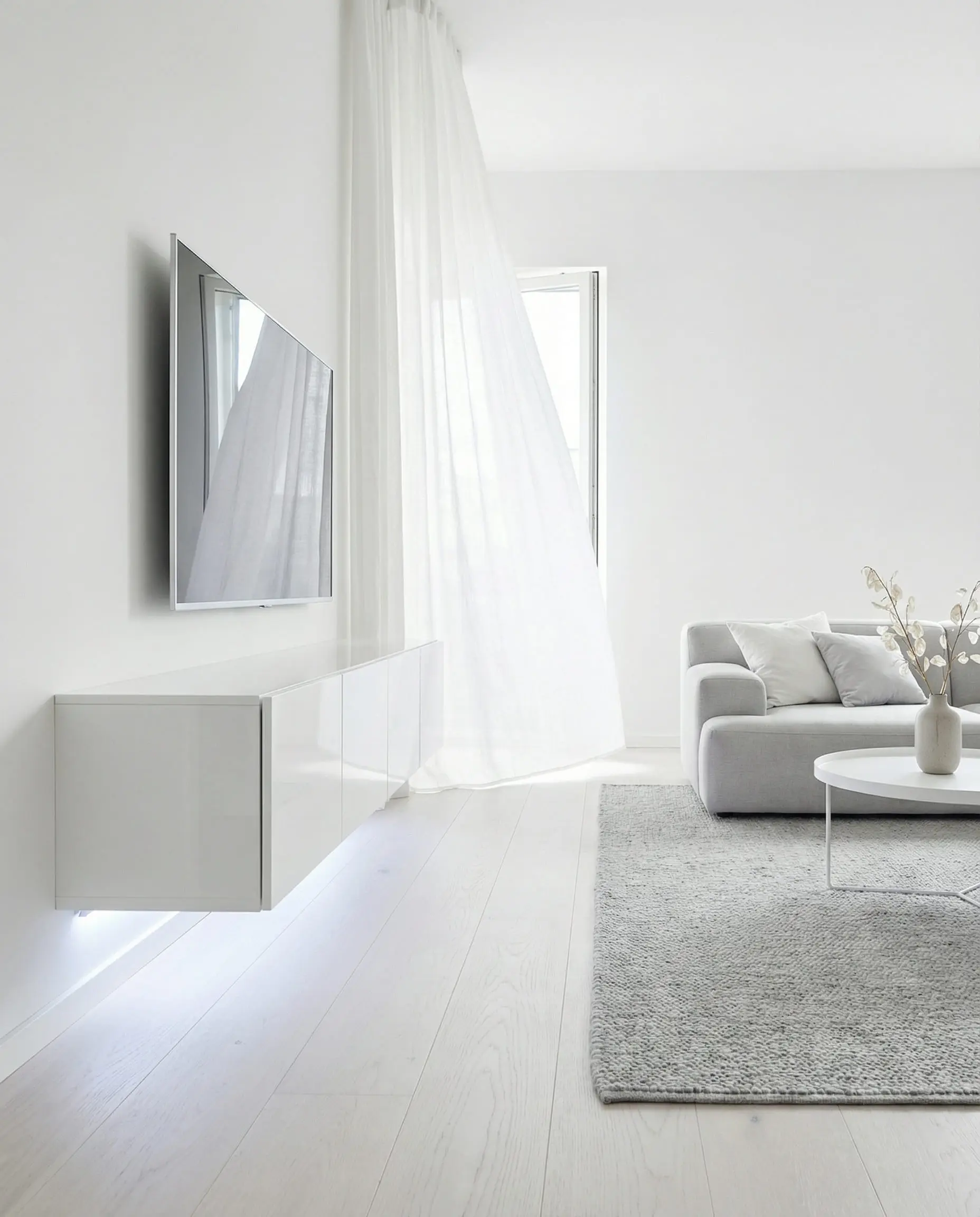 Minimalist white floating media unit mounted on a wall with under-cabinet LED lighting and a wall-mounted TV.
