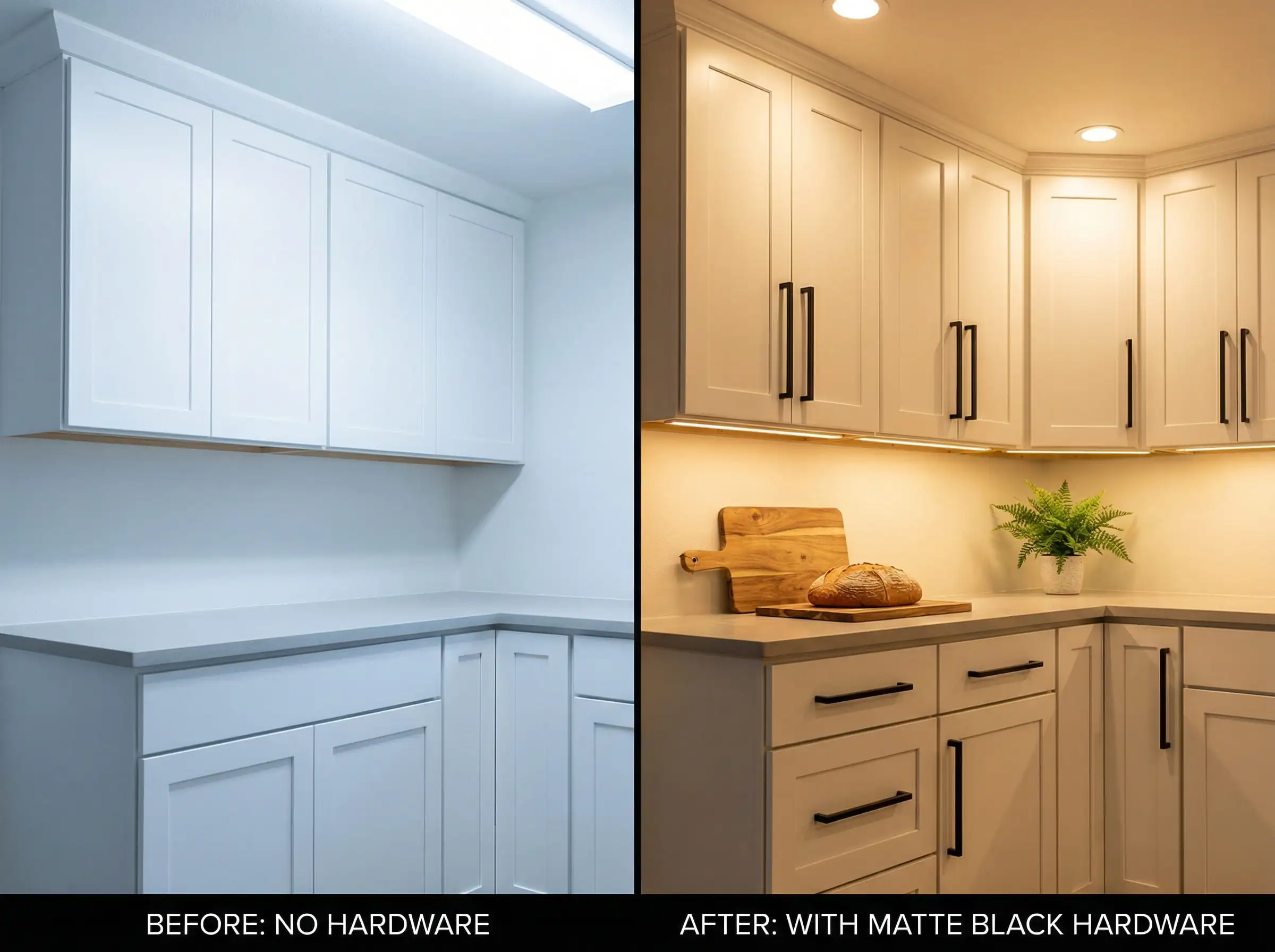 Split screen comparison showing a plain white kitchen without hardware versus the same kitchen defined by bold black handles and warm lighting.