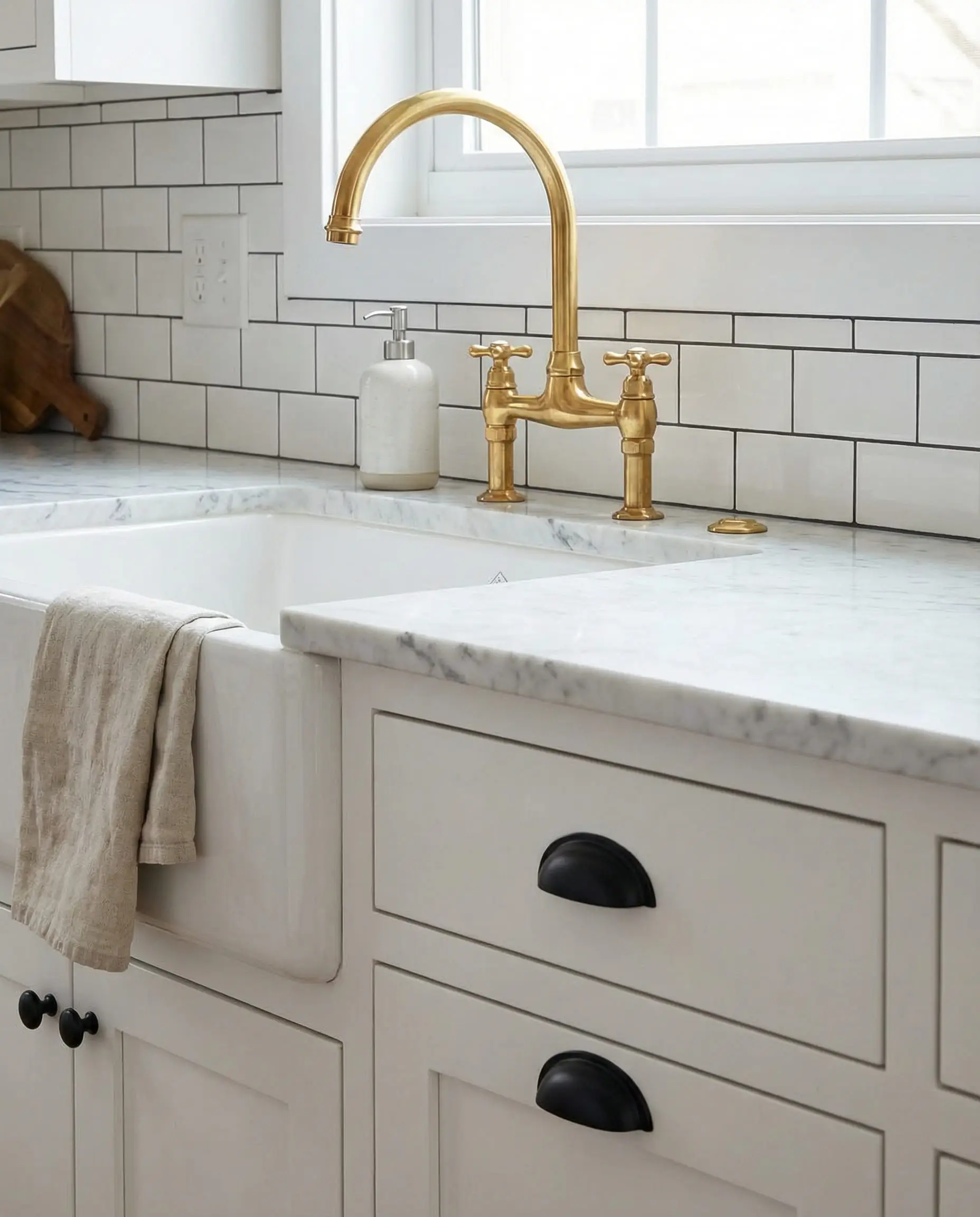 Detail of white cabinets with black pulls paired with a polished unlacquered brass gooseneck faucet.