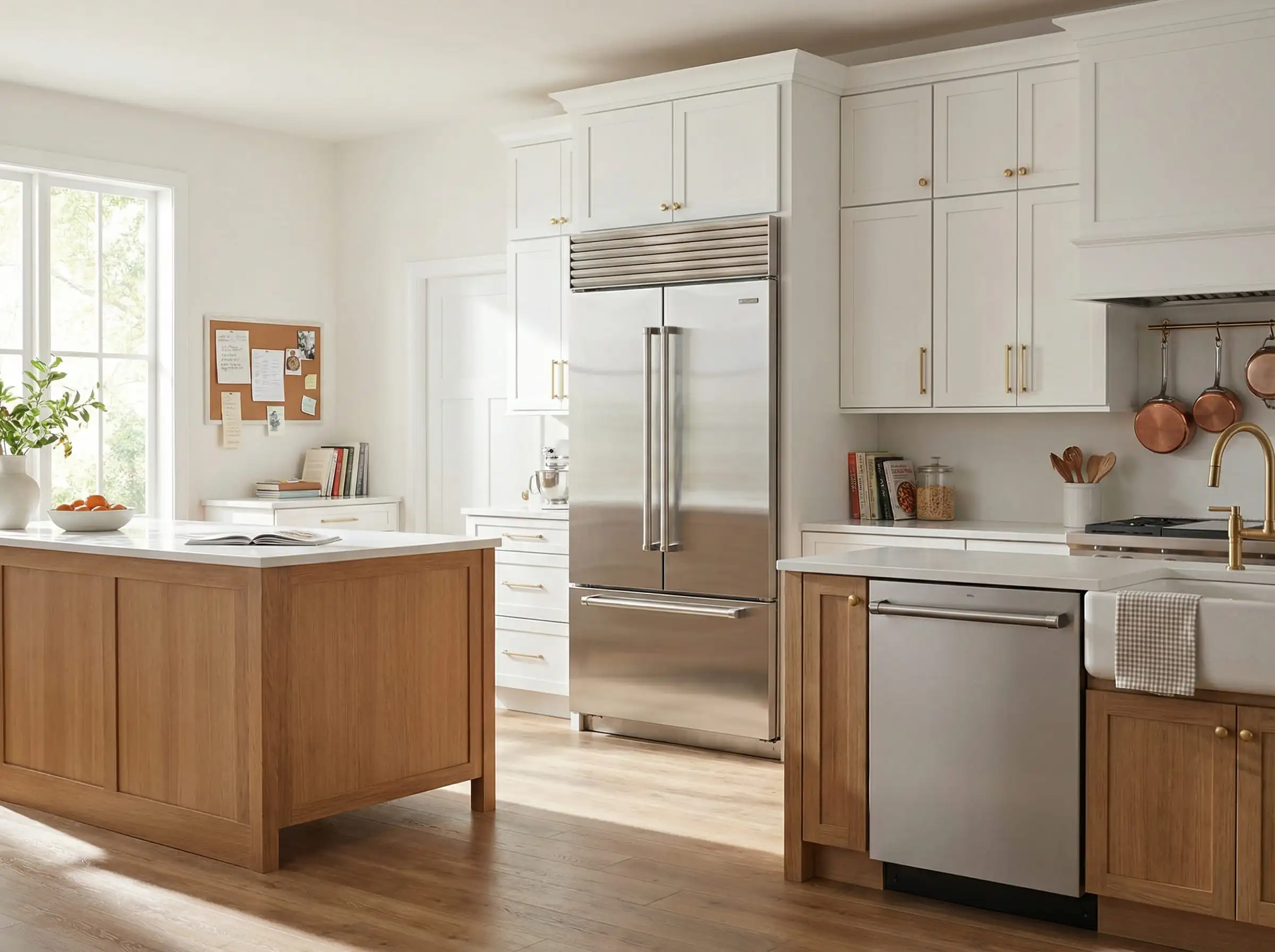 White kitchen cabinets with gold hardware next to a stainless steel refrigerator.