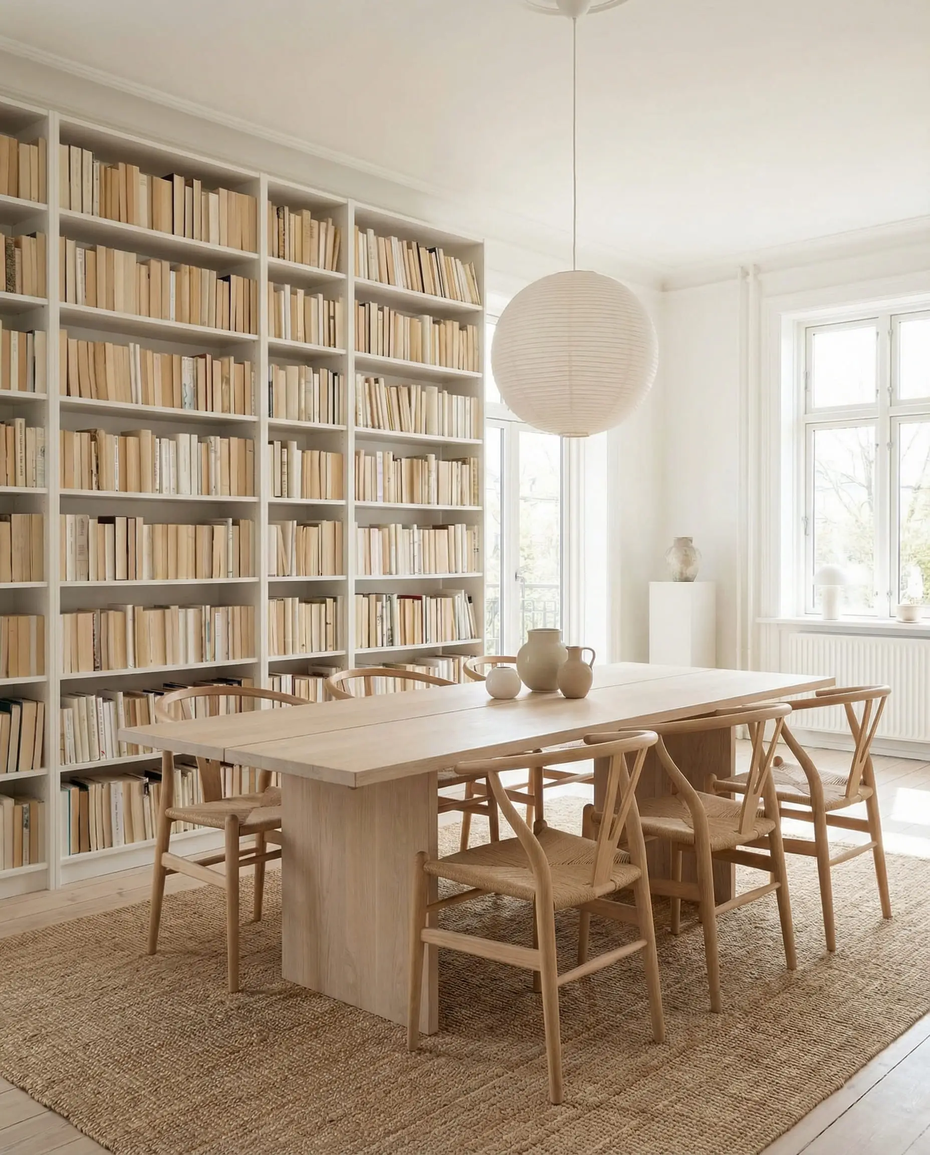 Bright Scandinavian dining room with built-in white bookshelves arranged by color and a light oak table.