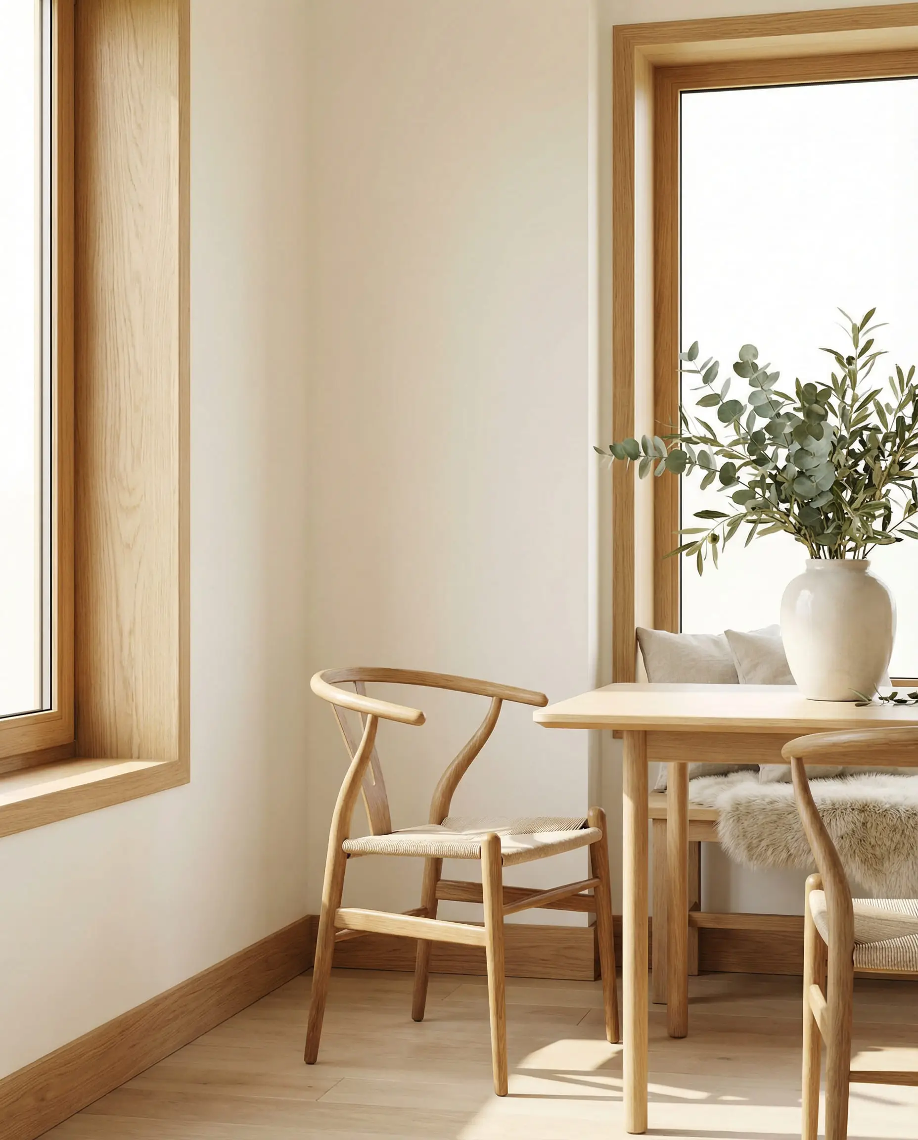 Scandinavian dining nook featuring natural white oak window frames paired with creamy white walls.