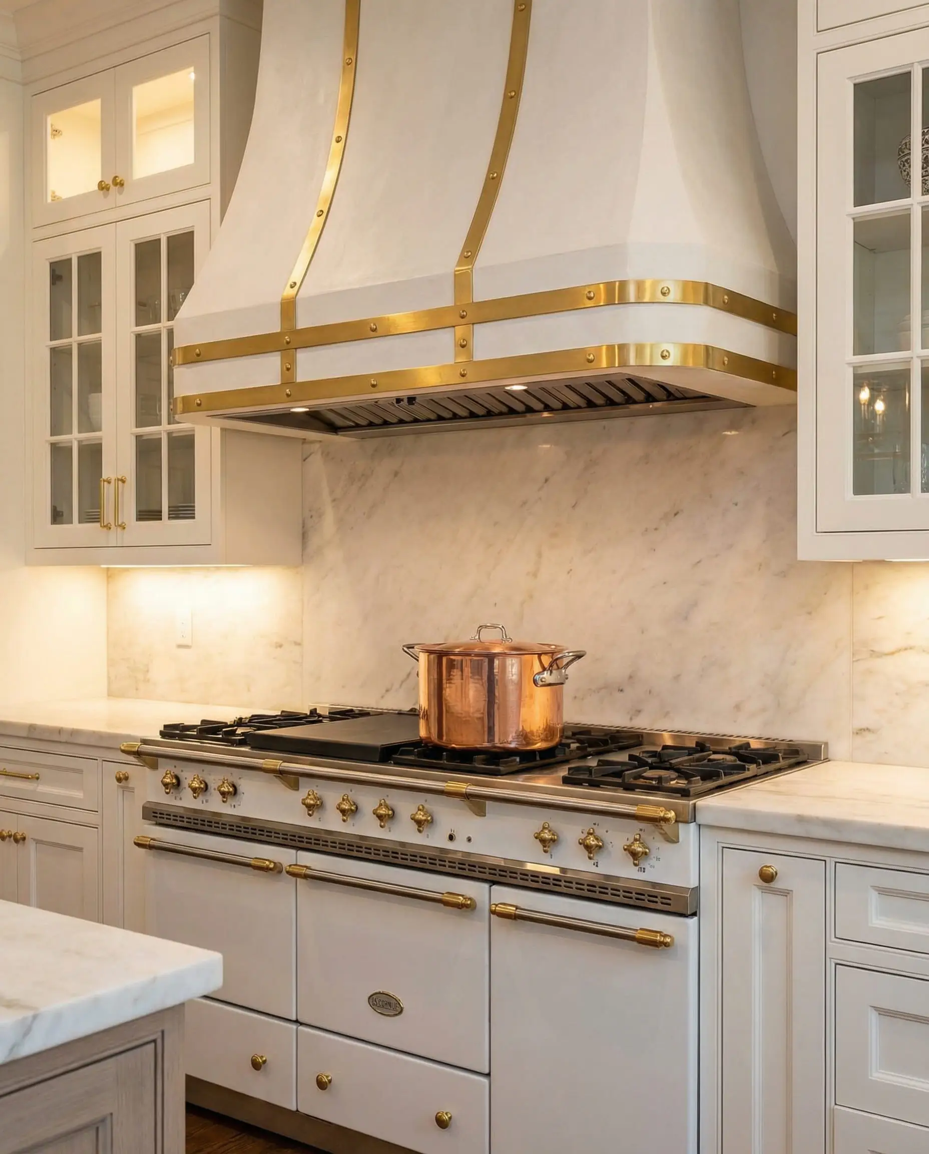 Custom white plaster range hood with decorative gold strapping above a high-end range.