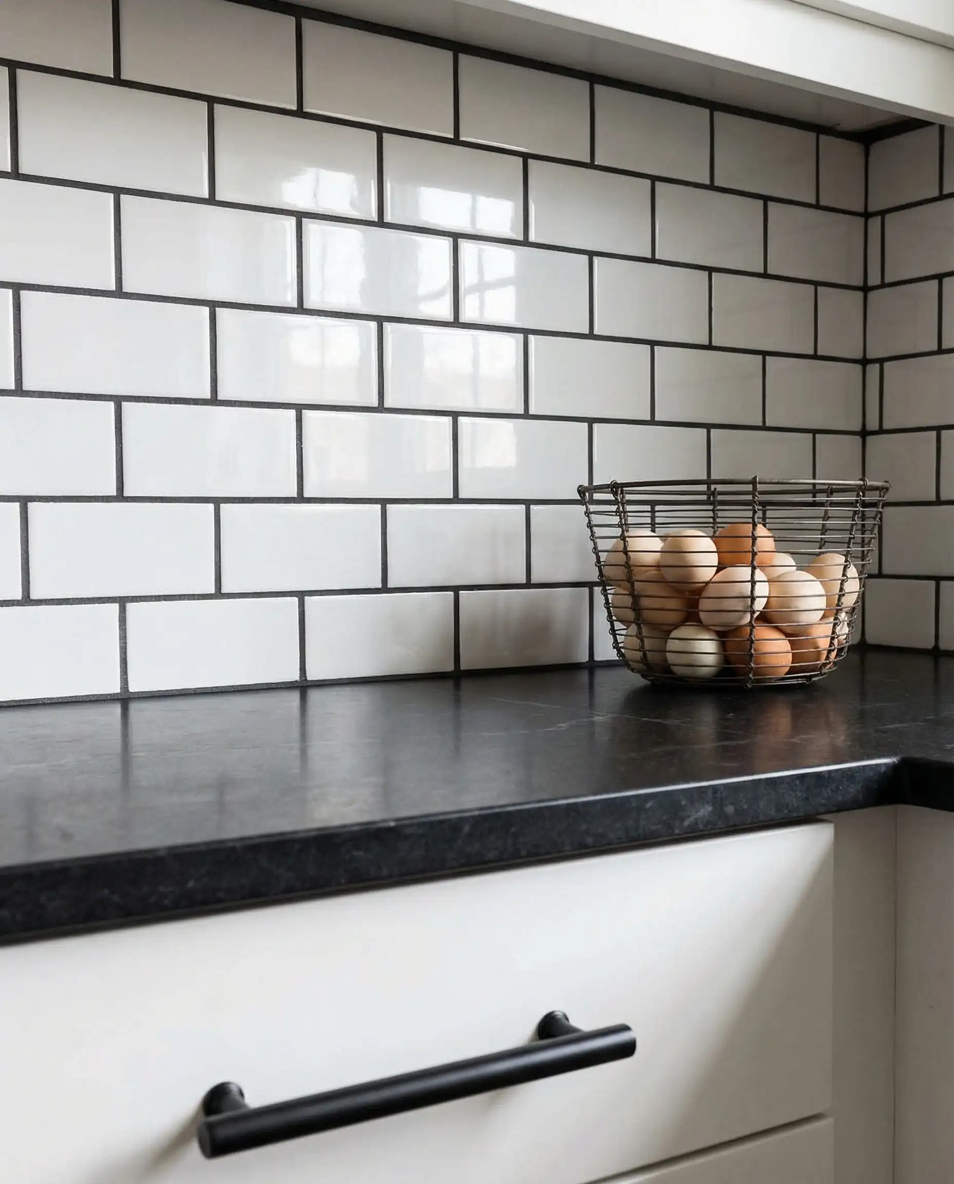 Kitchen backsplash detail showing white glossy subway tiles with contrasting dark charcoal grout to match the black cabinet pulls.