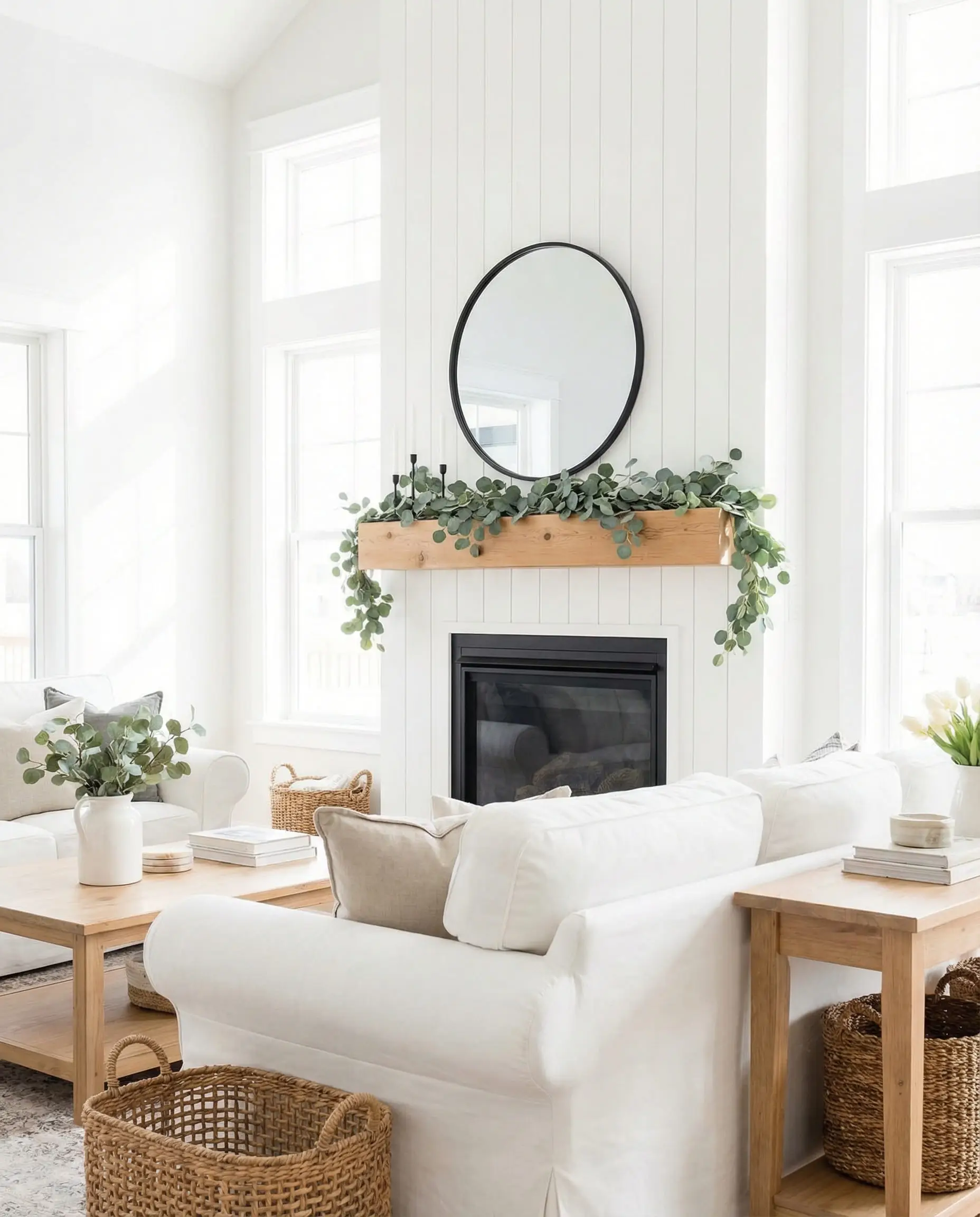 A bright Modern Farmhouse living room with a vertical white shiplap fireplace wall and a natural cedar mantel.