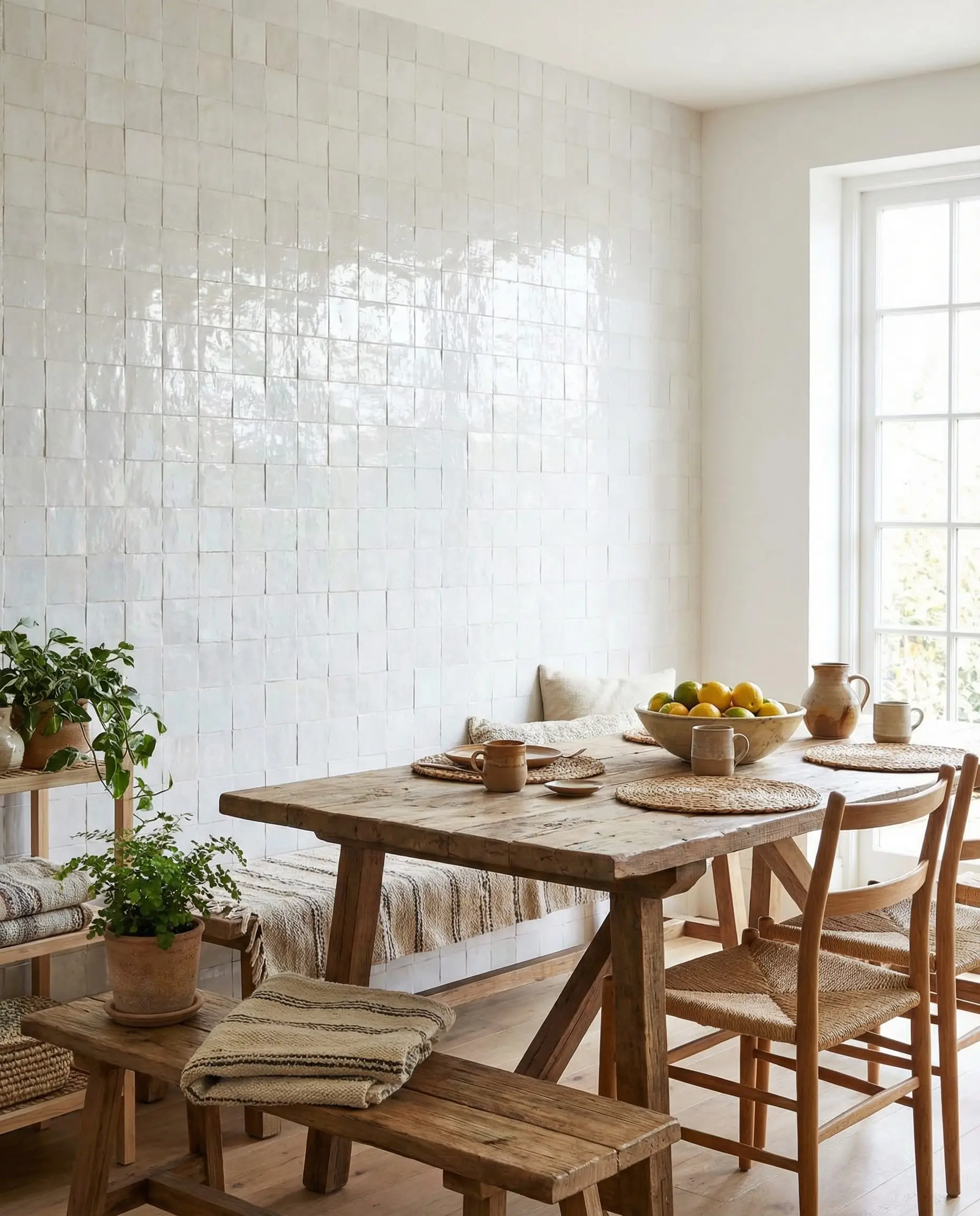 Dining room wall tiled in handmade pearlescent white Zellige tiles reflecting light, paired with a rustic wood table.