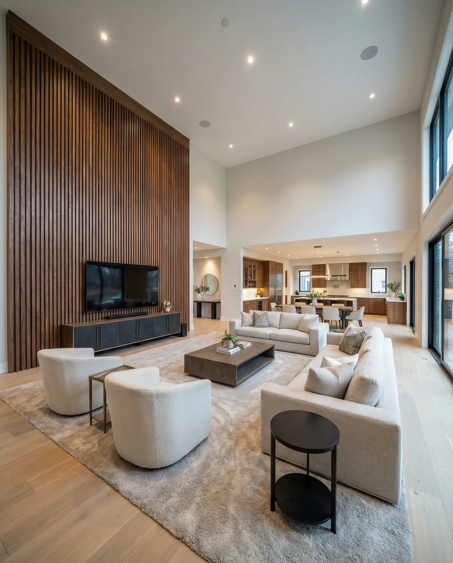 Open concept living room with a wood slat accent wall extending far beyond the TV to anchor the space.