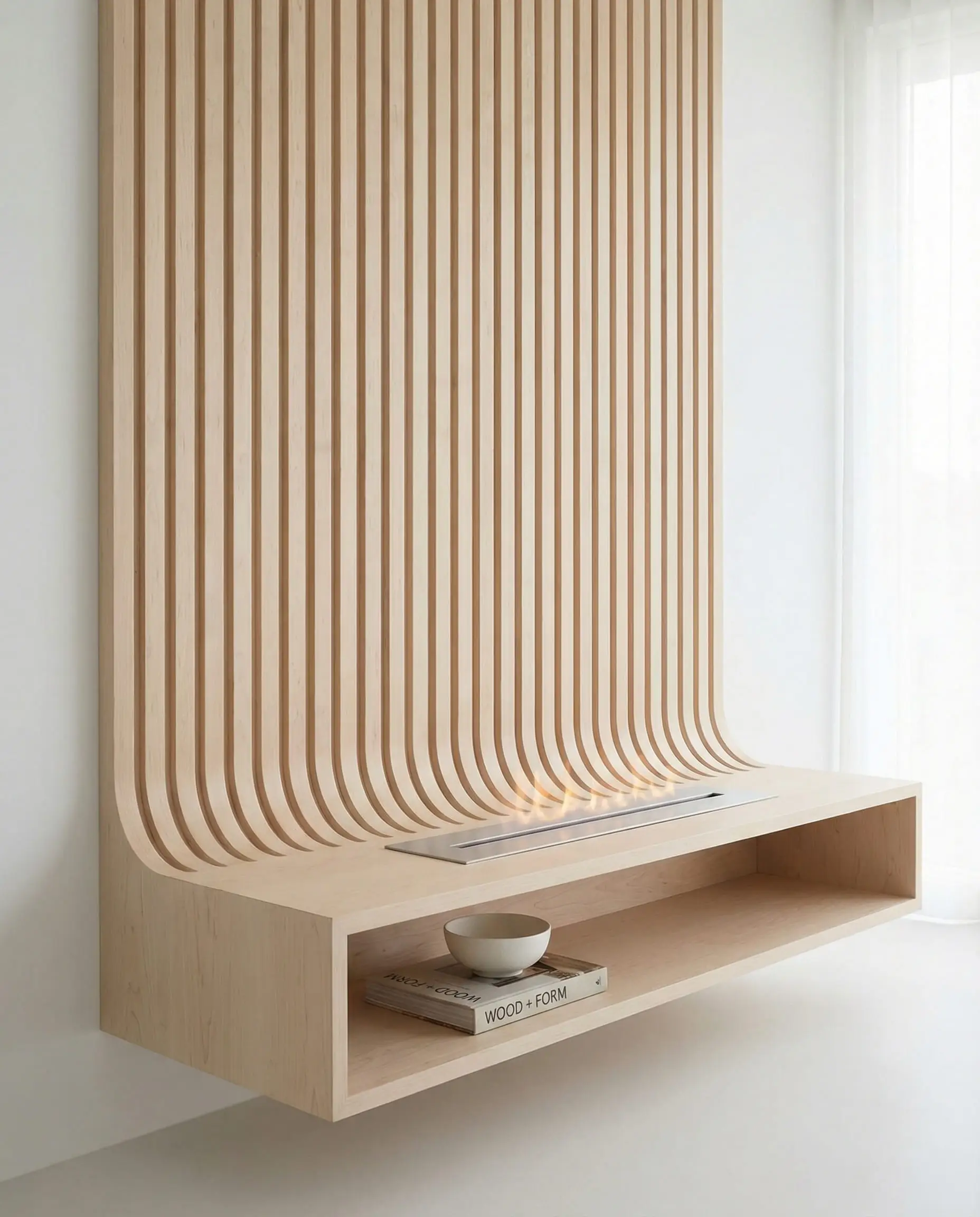 Custom joinery showing a vertical wood slat wall curving into a floating media console shelf below the fireplace.