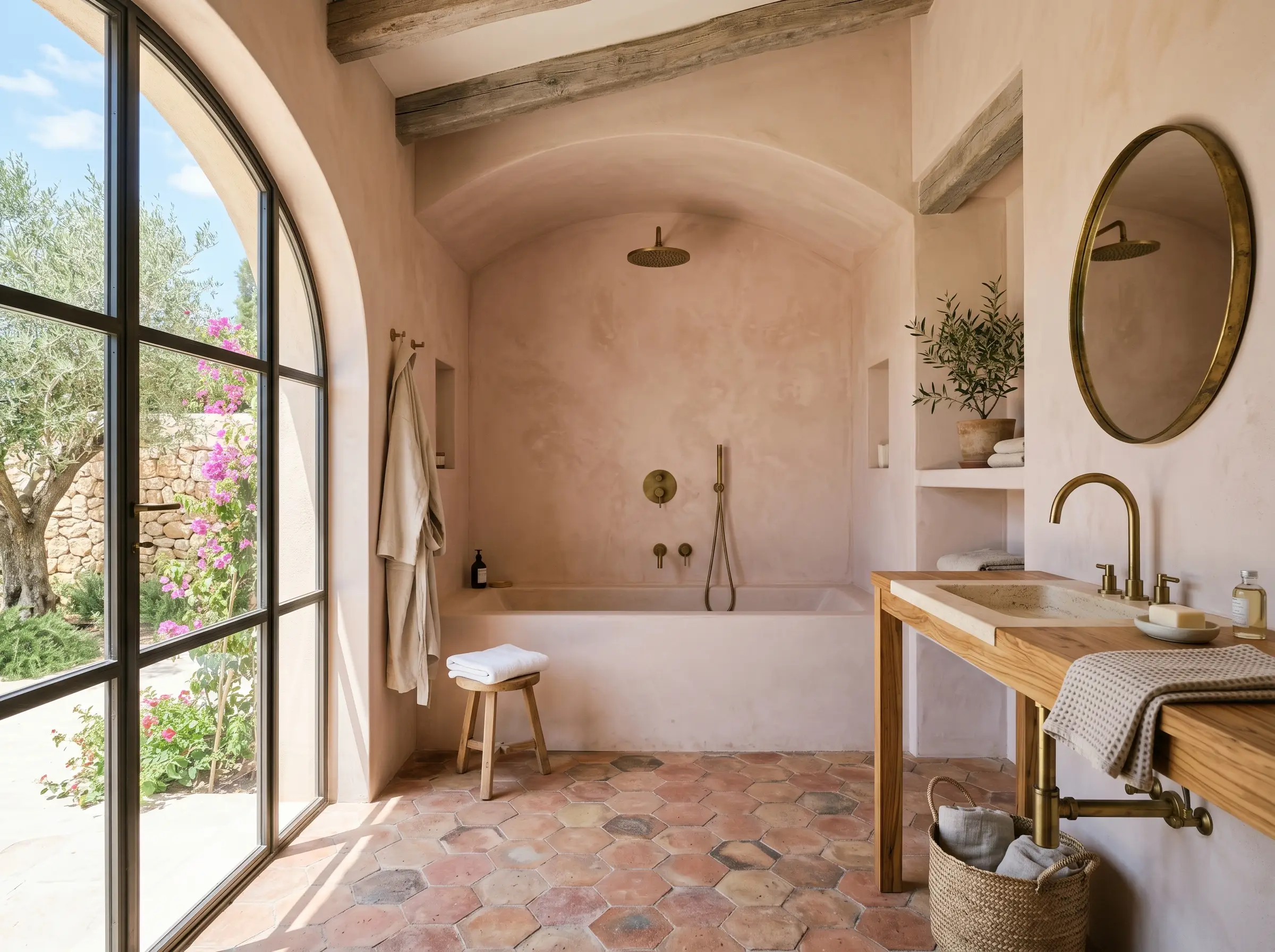 A Mediterranean retreat bathroom combines raw terracotta floor tiles and unlacquered brass plumbing with flat, chalky walls mimicking aged Venetian plaster in Farrow & Ball Setting Plaster (Hex #d9c0ae).