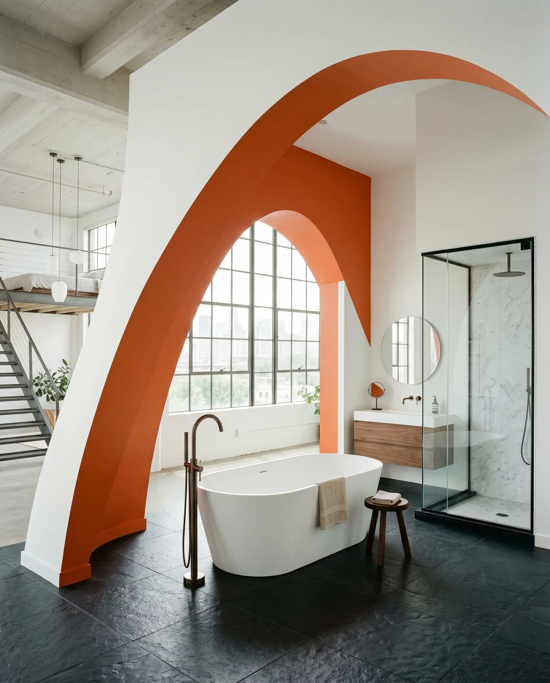 A freestanding matte white soaking tub and smoked bronze floor-mounted filler sit before a sweeping, floor-to-ceiling asymmetrical vivid warm orange geometric arch.