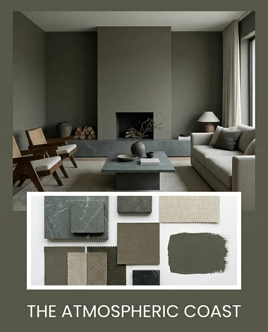 An editorial interior design mood board highlights a moody coastal living space paired with an inset flat-lay of honed soapstone samples and matte textures.