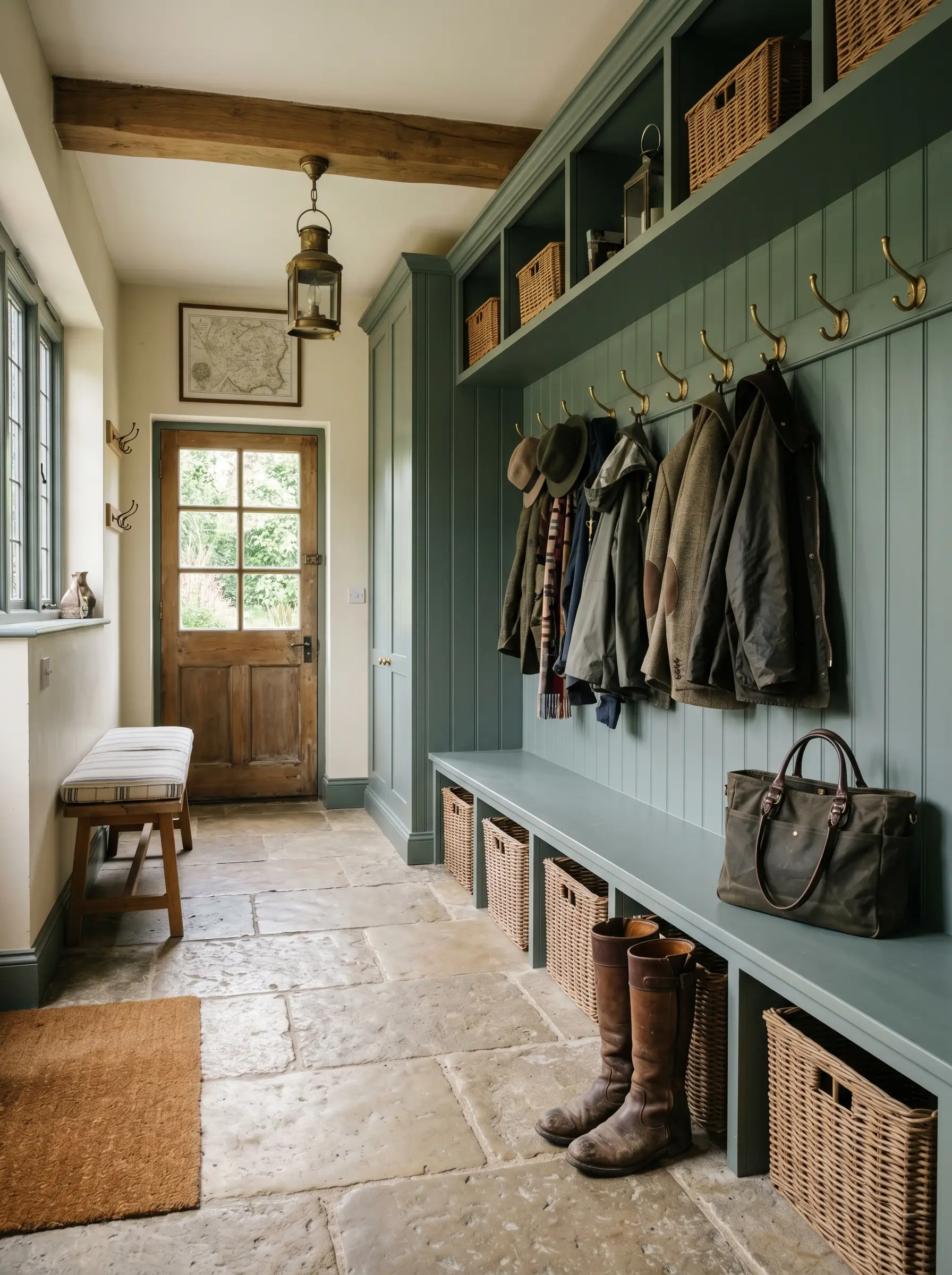 Handsome slate-green beadboard paneling and built-in benches line a utilitarian mudroom outfitted with natural stone floors, unlacquered brass hooks, and woven baskets.