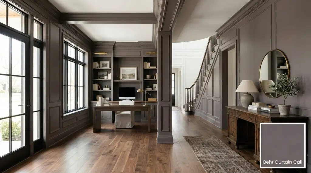 Formal wainscoting and built-in bookcases painted in Behr Curtain Call (Hex #70666A) frame a vintage milled console desk resting on warm walnut hardwood floors.