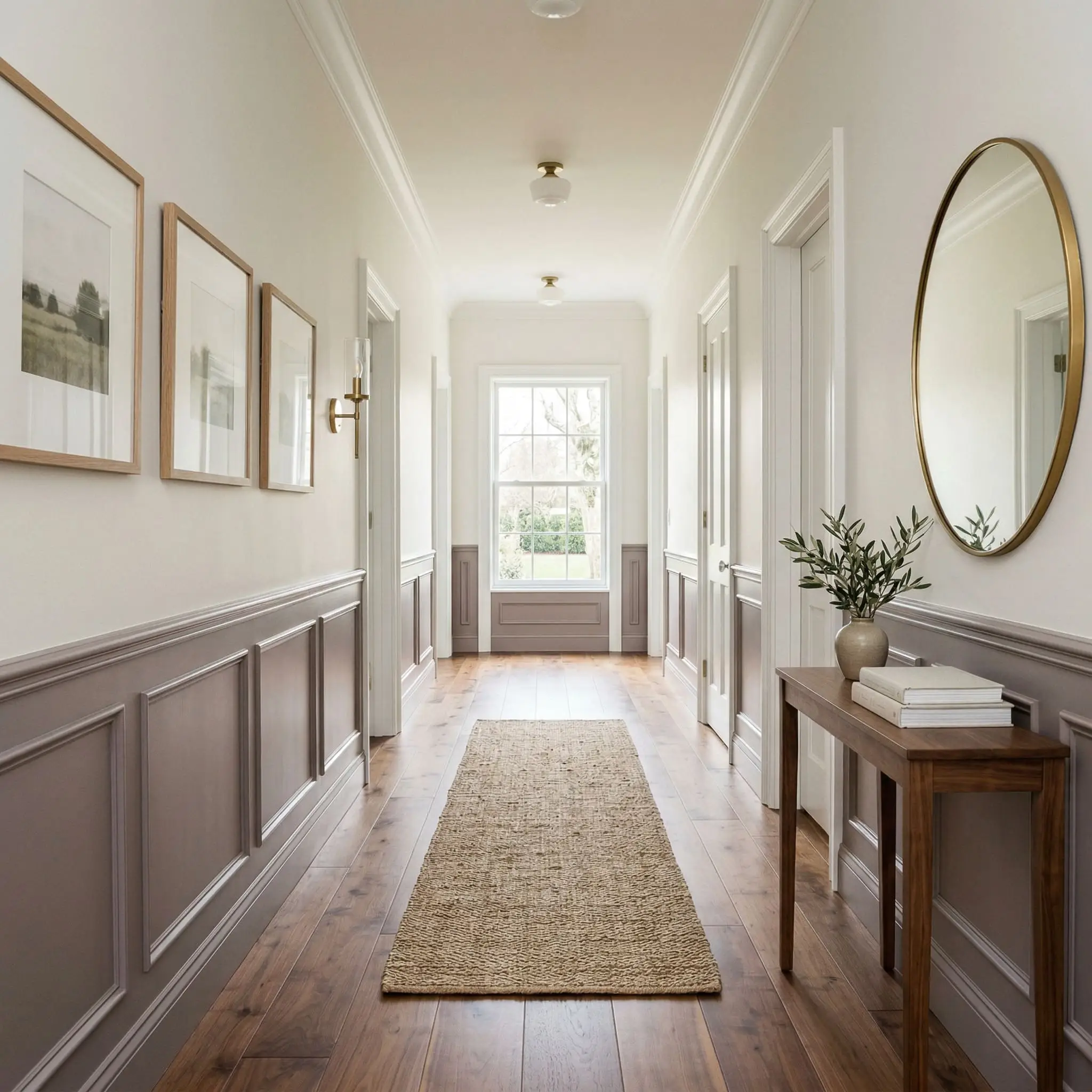 Formal lower wainscoting painted in a moody plum-gray grounds a bright hallway featuring warm walnut floors and crisp white upper walls.