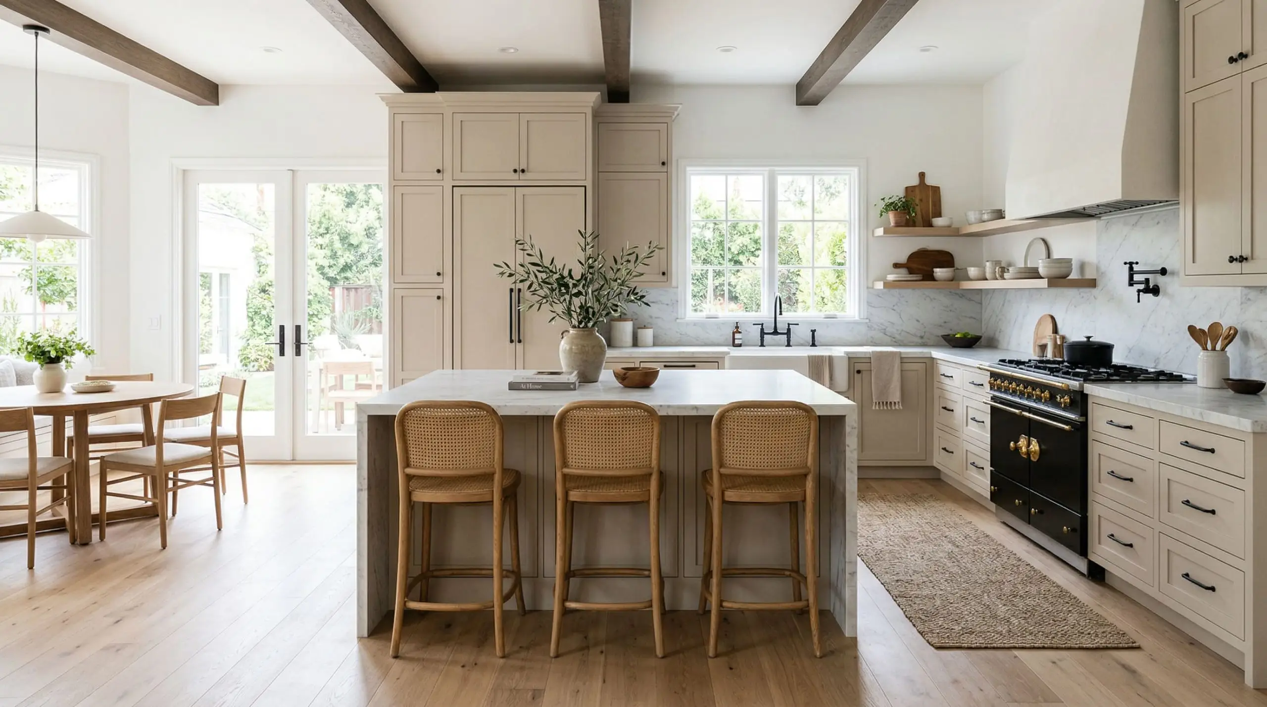 Bright natural daylighting floods a modern organic kitchen featuring cabinetry painted in a warm creamy beige, paired with raw white oak floors and honed Carrara marble.