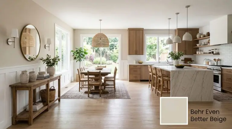 A grand open-concept space features upper walls painted in Behr Even Better Beige (Hex #D4CABA) above crisp white lower wainscoting, accented by a vintage oak console and a digital color swatch overlay.
