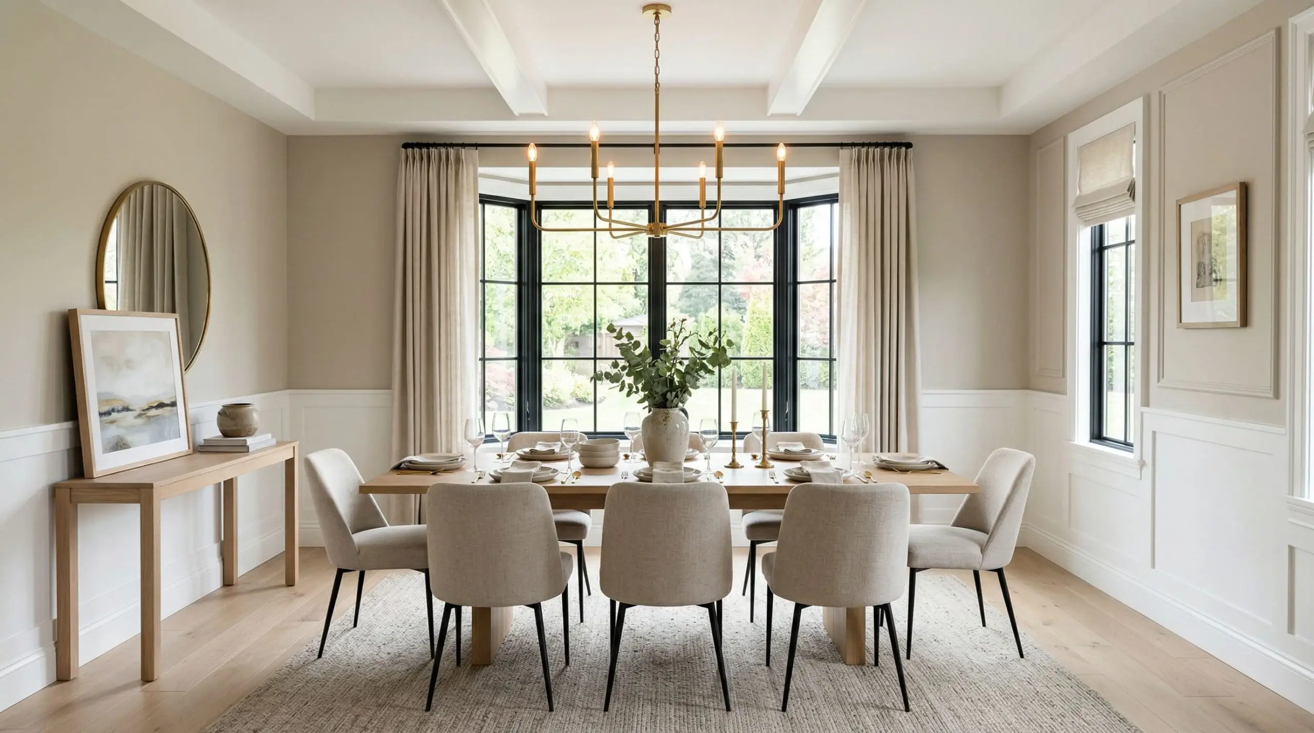 A formal dining room pairs upper walls painted in Behr Even Better Beige (Hex #D4CABA) with crisp white lower wainscoting, centered around a modern wooden table and brass chandelier.