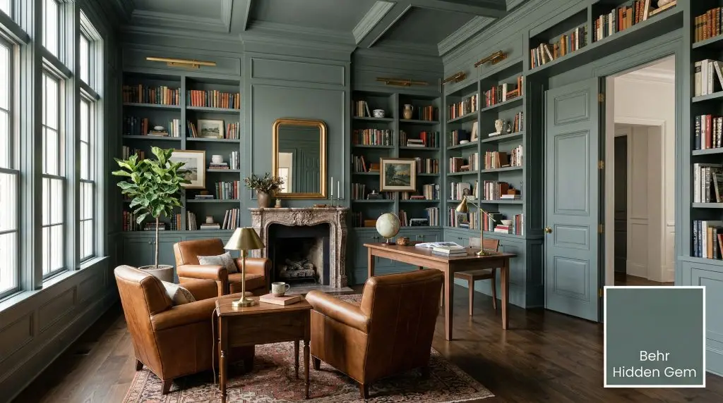 Floor-to-ceiling built-in shelving and historic wainscoting painted in Behr Hidden Gem (Hex #596D69) surround natural walnut antique furniture and cognac leather seating.