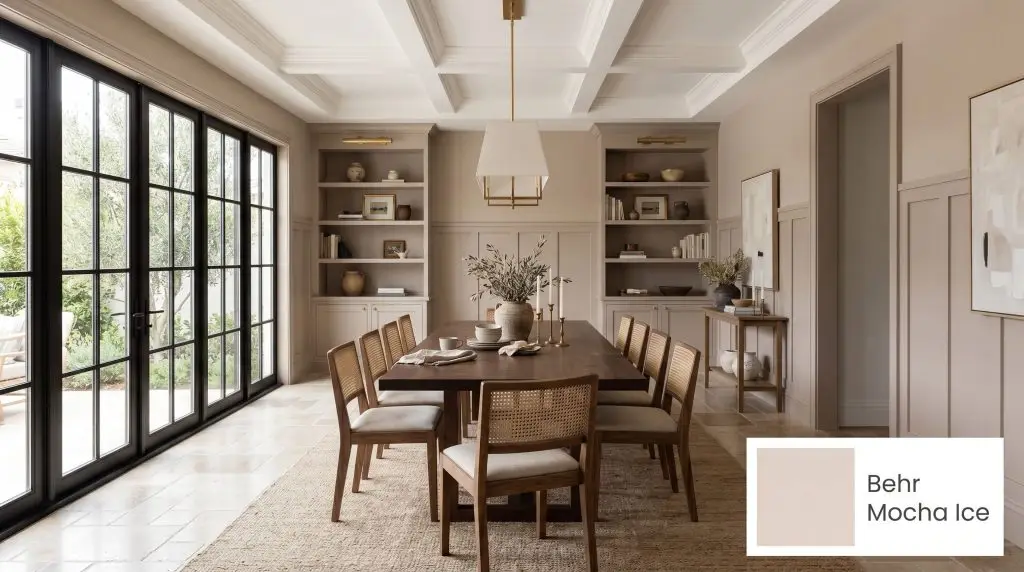 A grand transitional dining room features wainscoting painted in Behr Mocha Ice (Hex #dfd2ca), paired with natural walnut chairs and tumbled travertine floors.