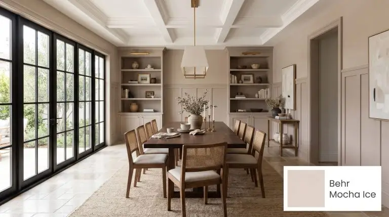 A grand transitional dining room features wainscoting painted in Behr Mocha Ice (Hex #dfd2ca), paired with natural walnut chairs and tumbled travertine floors.