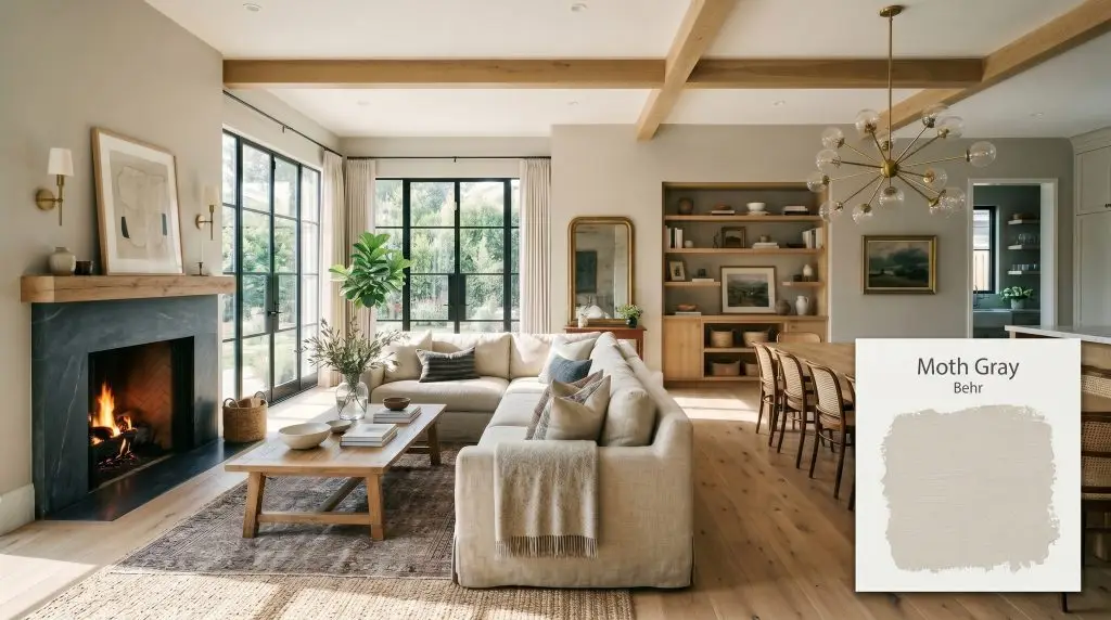 Raw white oak flooring and a honed soapstone fireplace anchor an expansive living space painted in Behr Moth Gray (Hex #dad3cb).