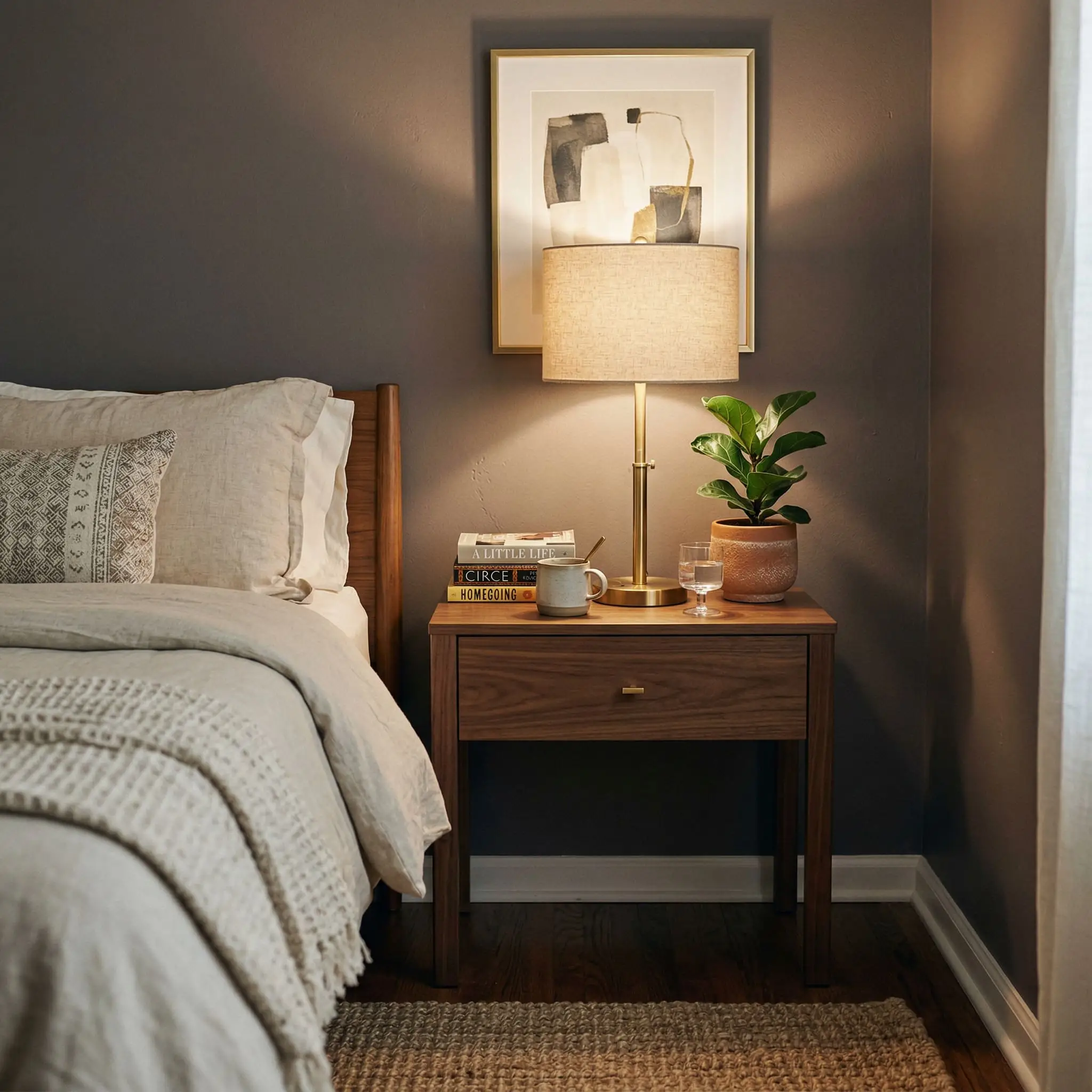 A brass table lamp rests on a warm walnut nightstand against a moody taupe-gray wall in a transitional modern bedroom corner.