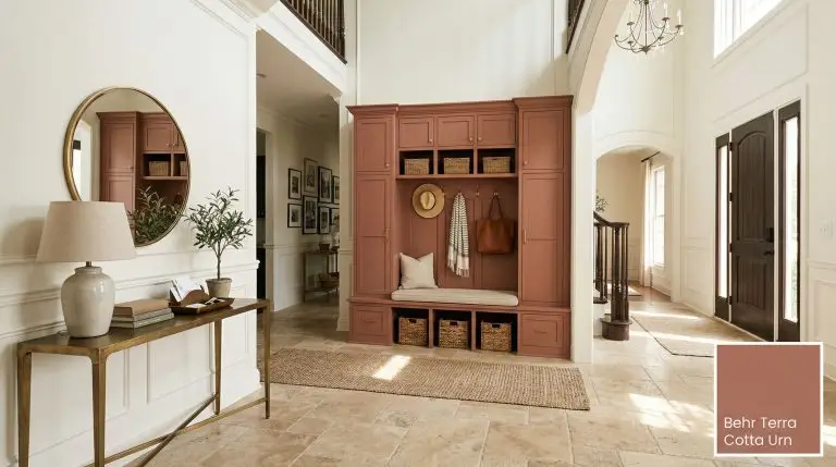 Custom built-in mudroom cabinetry painted Behr Terra Cotta Urn (Hex #b06f60) rests above crisp wainscoting alongside a vintage unlacquered brass console and travertine flooring.