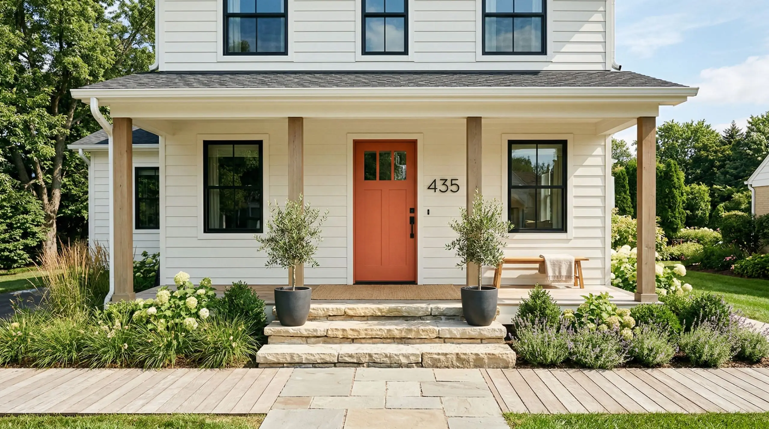 A welcoming front door painted Behr Terra Cotta Urn (Hex #b06f60) contrasts with creamy white siding, matte black iron house numbers, and natural stone steps.