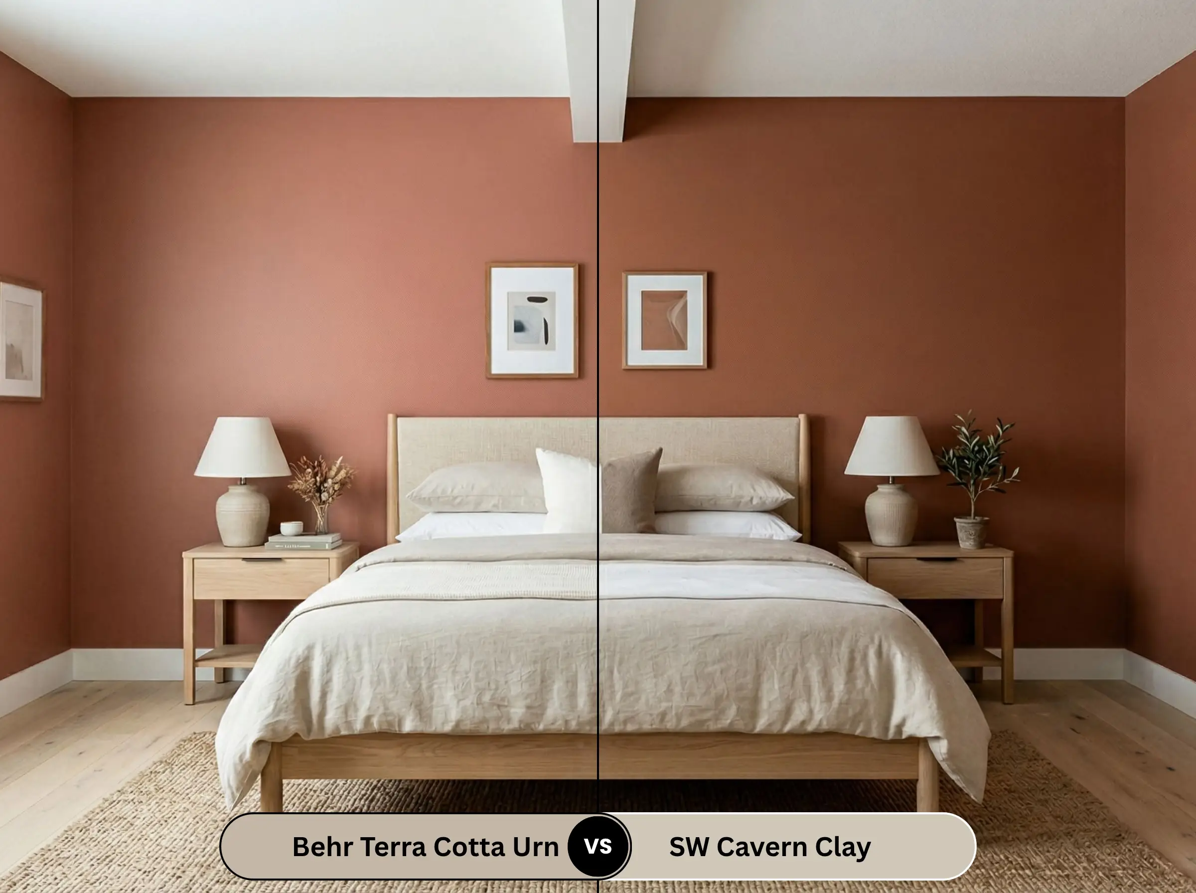 A modern bedroom is split sharply in half, comparing Behr Terra Cotta Urn (Hex #b06f60) on the left walls to Sherwin-Williams Cavern Clay on the right behind a white oak bed frame.