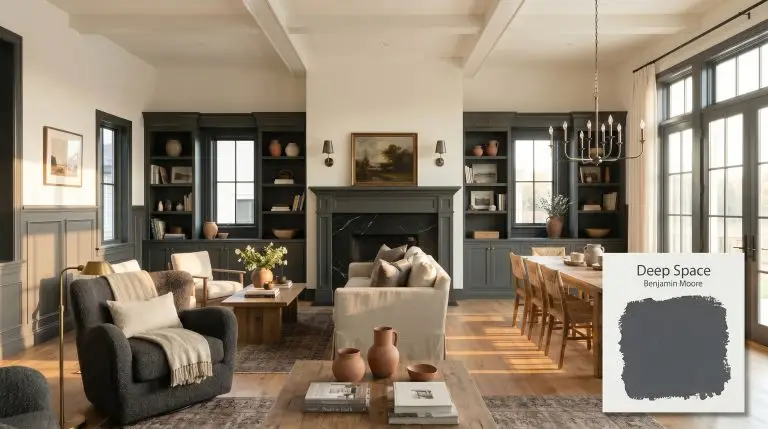 Lower wainscoting and built-in bookshelves painted in Benjamin Moore Deep Space (Hex #52565A) deeply contrast Chantilly Lace upper walls in this grand open-concept space.