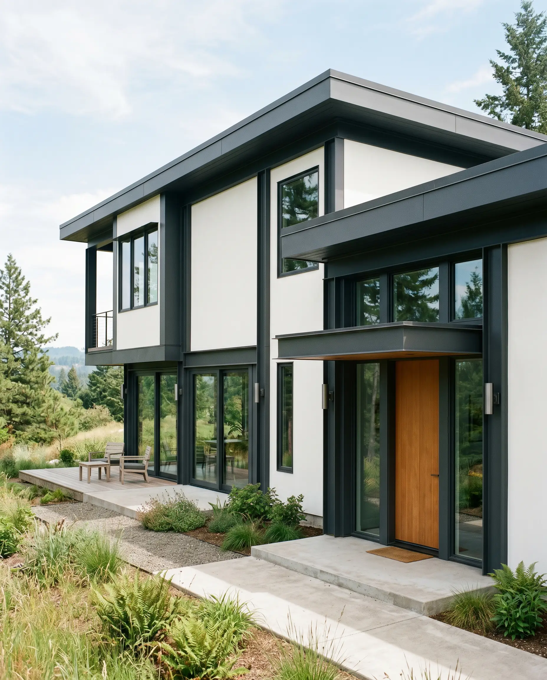 Architectural framing and trim painted in Benjamin Moore Deep Space (Hex #52565A) sharply contrast crisp white stucco on a modern home exterior facade.