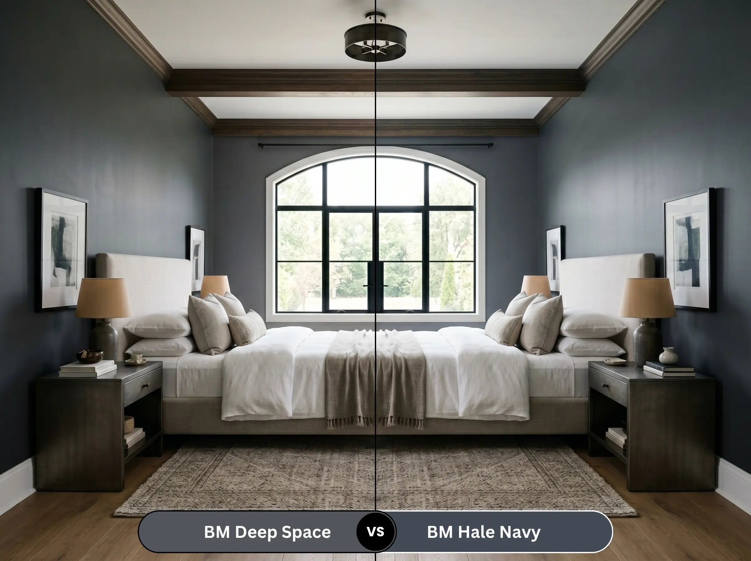 A side-by-side split-screen comparison of Benjamin Moore Deep Space on the left and Benjamin Moore Hale Navy on the right, shown in a master bedroom with symmetrical brushed gunmetal nightstands.