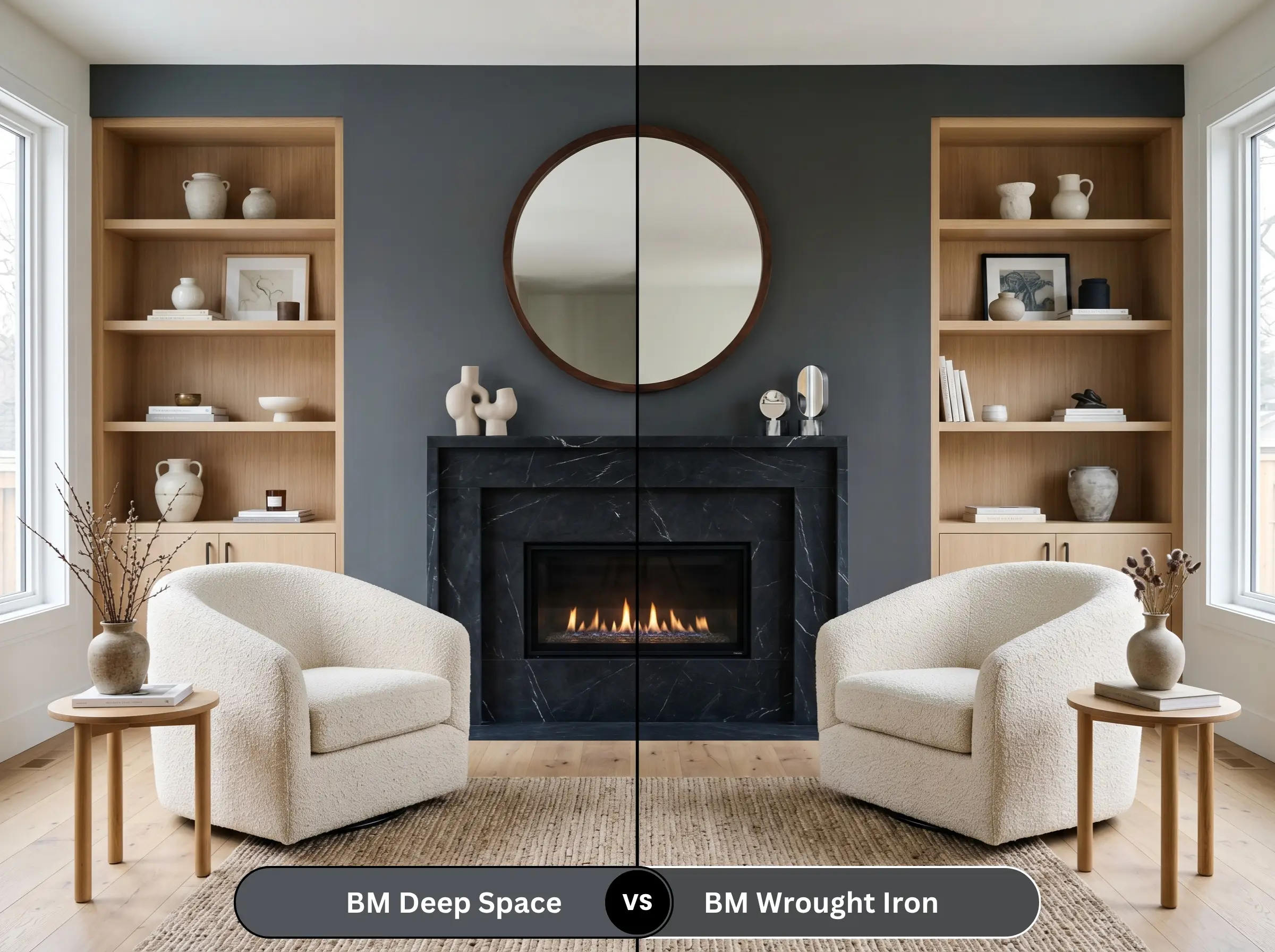A side-by-side split-screen comparison of Benjamin Moore Deep Space on the left and Benjamin Moore Wrought Iron on the right, shown on a living room fireplace wall with symmetrical bouclé armchairs.