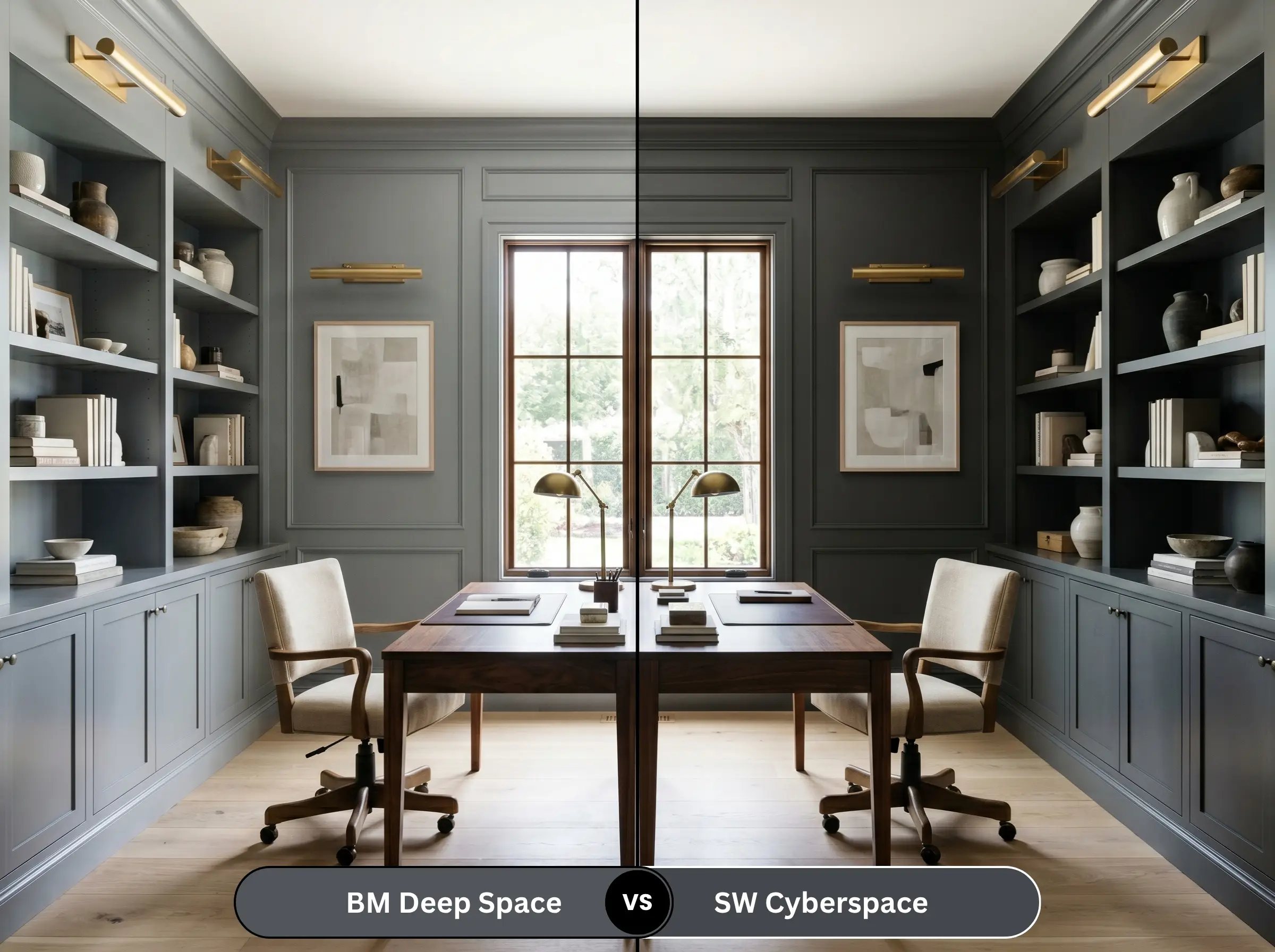A side-by-side split-screen comparison of Benjamin Moore Deep Space on the left and Sherwin-Williams Cyberspace on the right, shown in a home office featuring symmetrical unlacquered brass picture lights.
