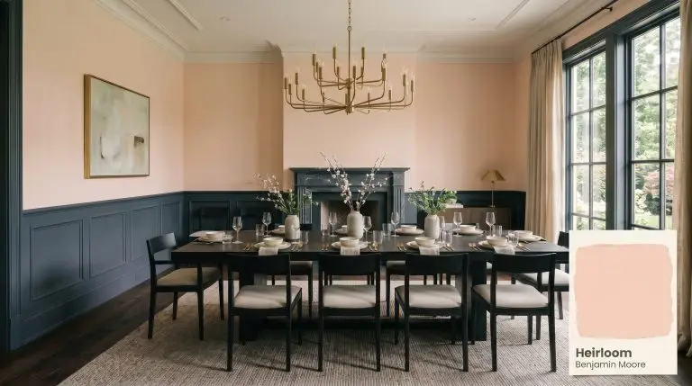 A grand dining room features upper walls painted in Benjamin Moore Heirloom (Hex #F5D8C7), navy wainscoting, an ebonized wood table, and an unlacquered brass chandelier.