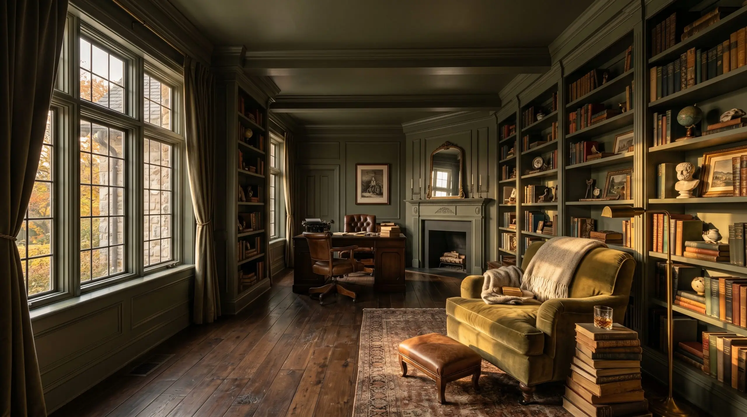 A monochromatic study features walls, ceiling, and built-in bookshelves entirely painted in Benjamin Moore Mohegan Sage (Hex #5F5E50), accented by dark walnut flooring and a plush velvet reading chair.