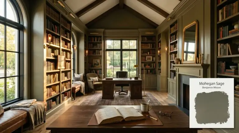 A grand home library features built-in bookshelves and millwork painted in Benjamin Moore Mohegan Sage (Hex #5F5E50), surrounding a honed soapstone fireplace and walnut desk.