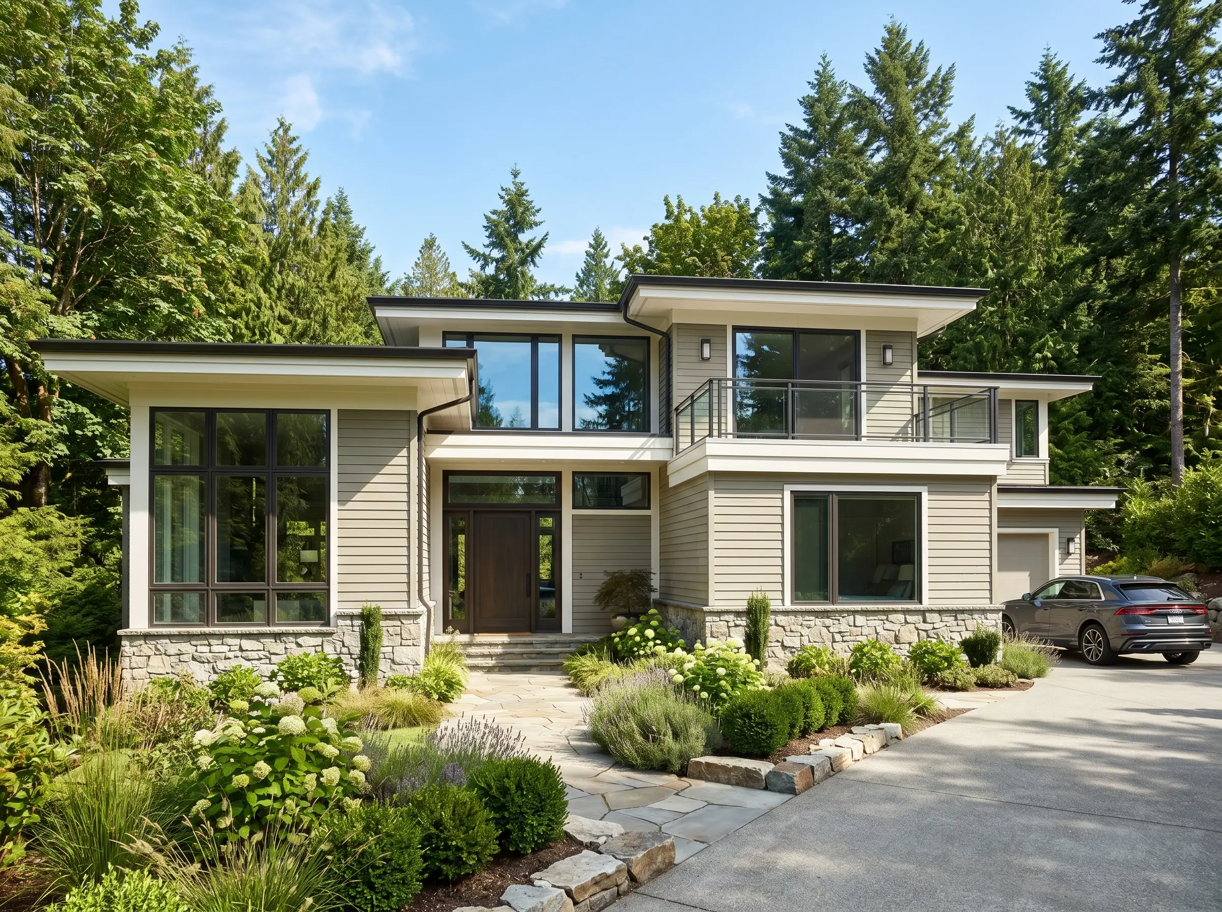 A high-end residential exterior features siding painted in Benjamin Moore Mohegan Sage (Hex #5F5E50) with crisp white trim, grounded by a natural stone foundation.