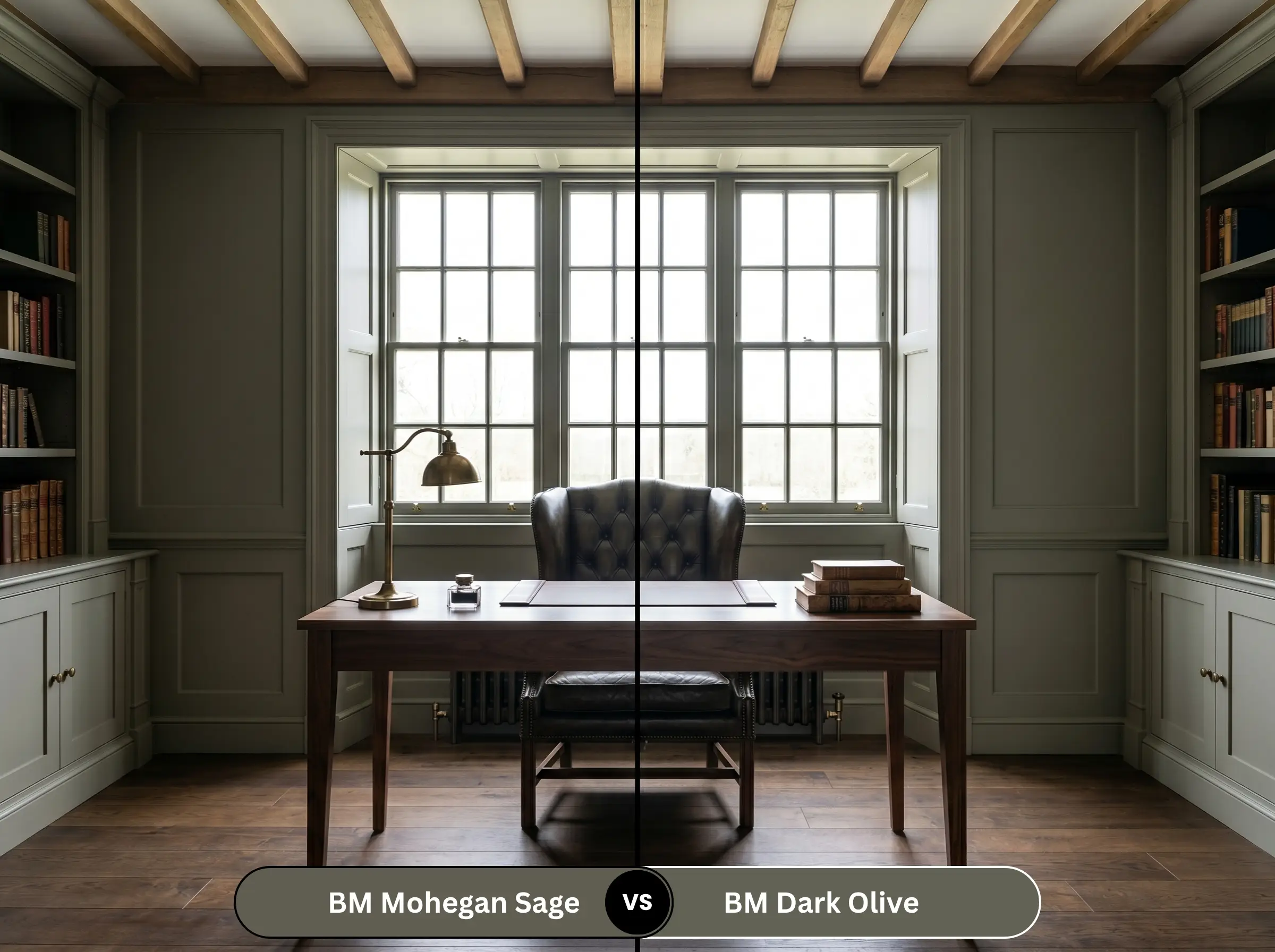 A side-by-side split-screen comparison of a home office displays Benjamin Moore Mohegan Sage on the left and Benjamin Moore Dark Olive on the right, surrounding a dark walnut desk.