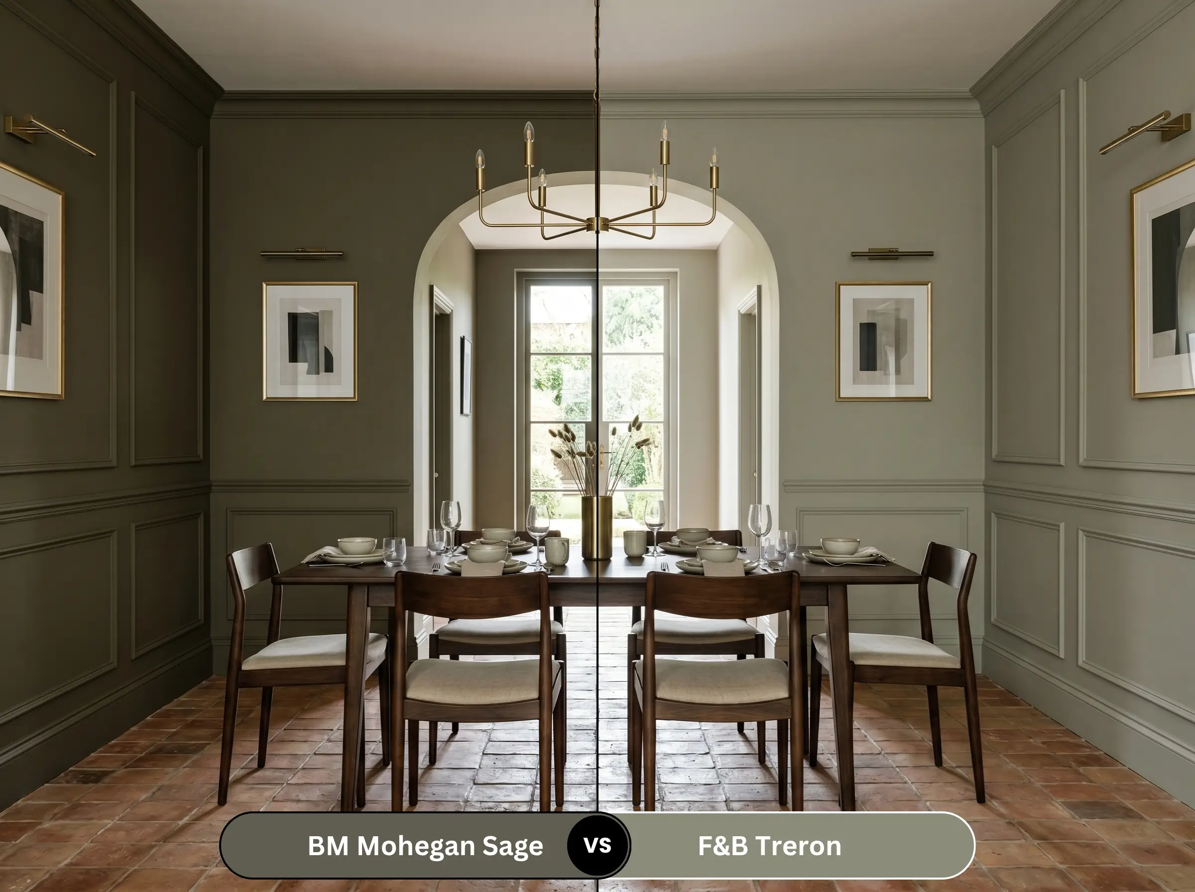 A side-by-side split-screen comparison of a dining room features Benjamin Moore Mohegan Sage wainscoting on the left and Farrow & Ball Treron on the right, above terracotta floor tiles.