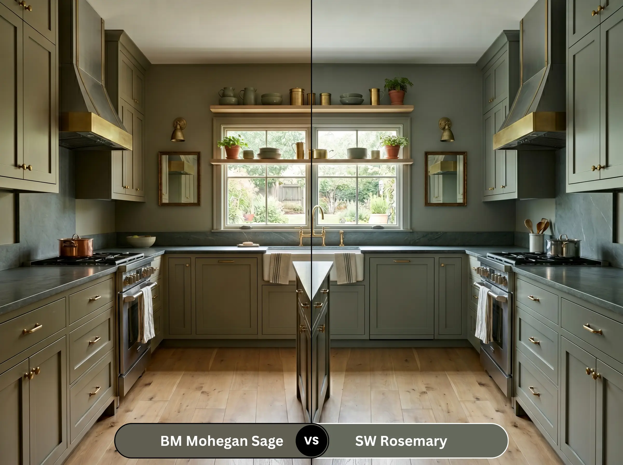 A side-by-side split-screen comparison of a transitional kitchen shows Benjamin Moore Mohegan Sage on the left and Sherwin-Williams Rosemary on the right, featuring honed soapstone countertops.